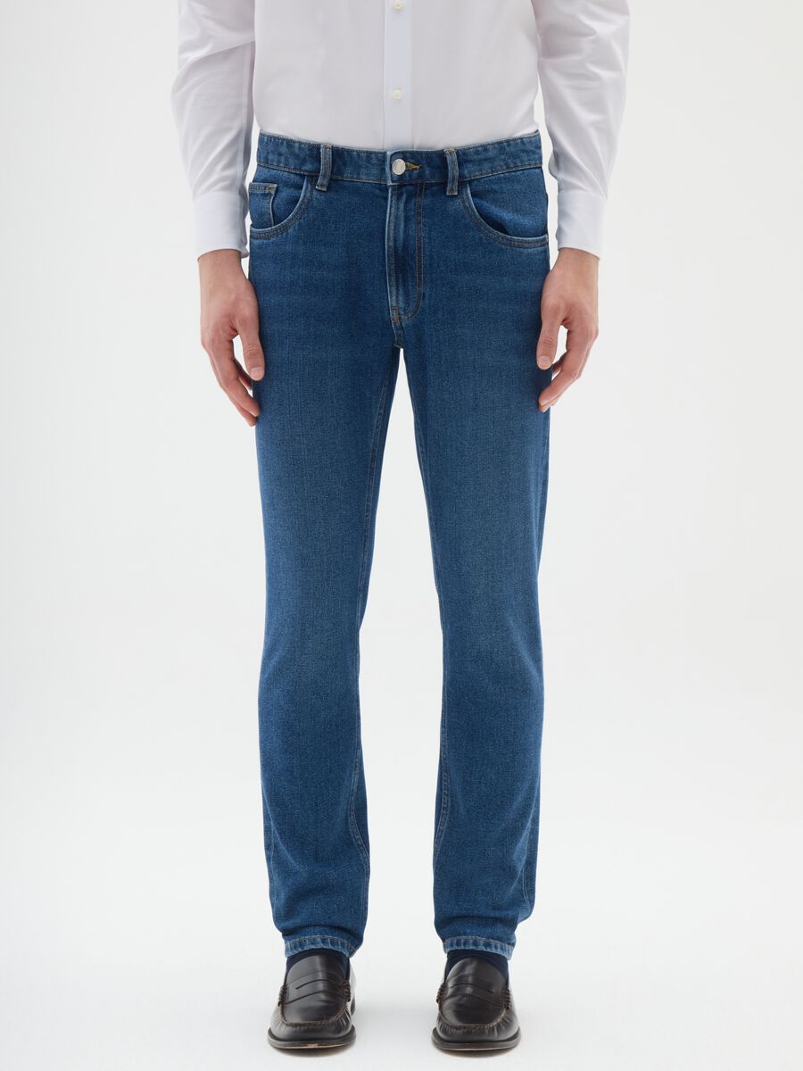 Blue denim jeans in cotton blend slim fit_1