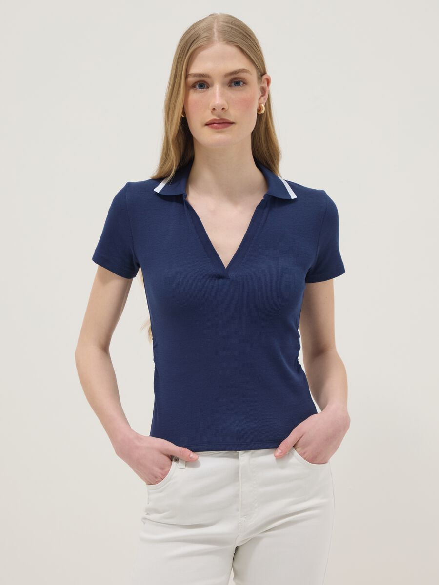 Polo a maniche corte in cotone elasticizzato blu regular fit_0