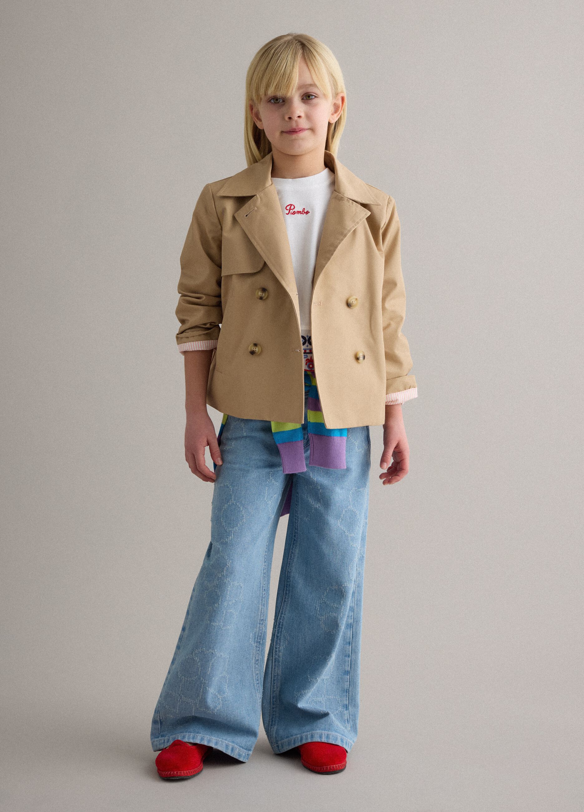 Jeans in puro cotone azzurro da bambina wide leg con stampa floreale