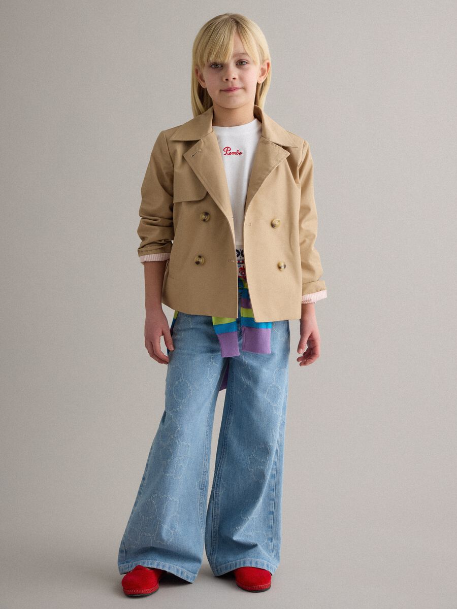 Girls' wide-leg light blue pure cotton jeans with floral print_0