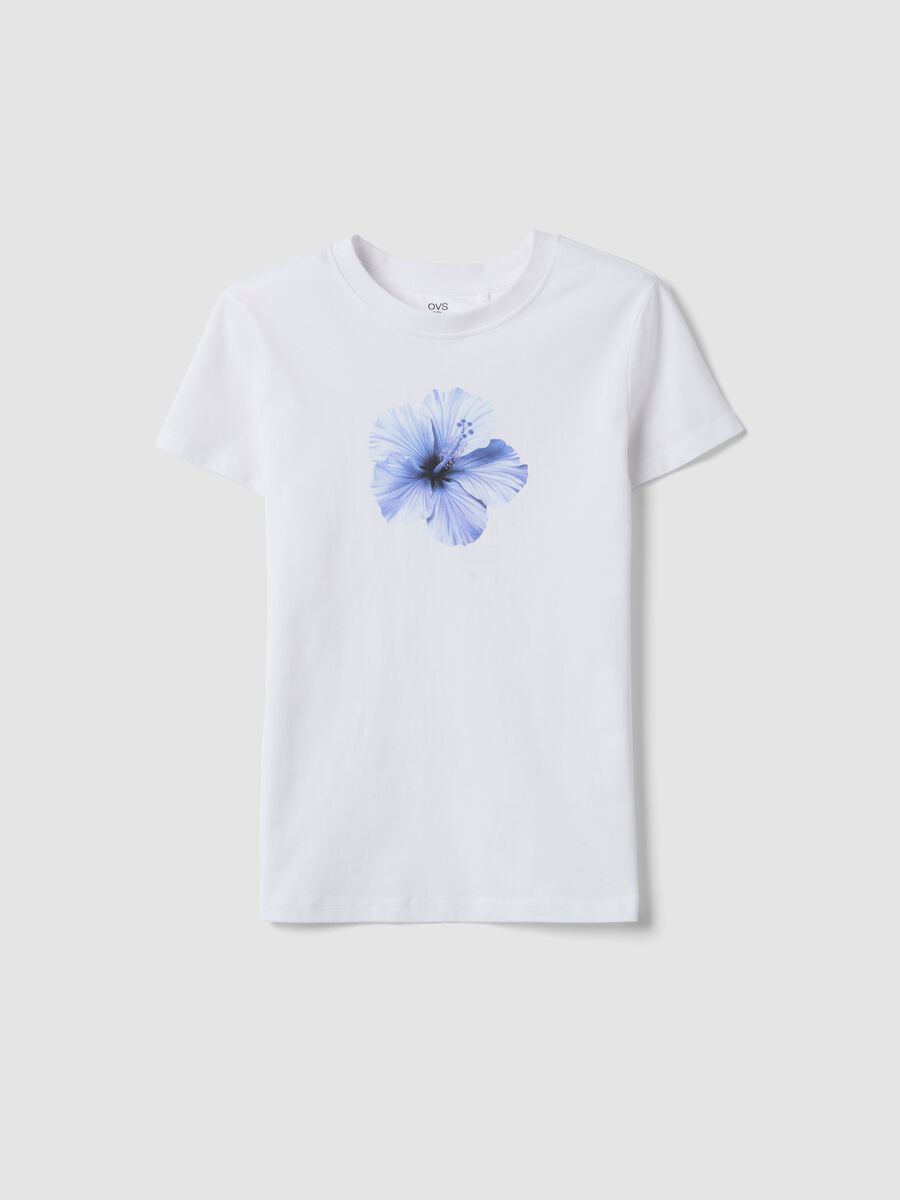 White pure cotton T-shirt with floral print_0