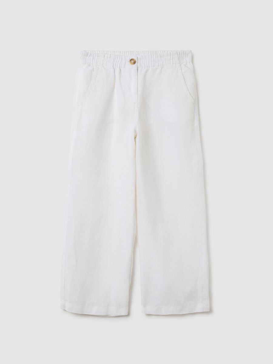 Girls' pure white linen wide leg trousers_0