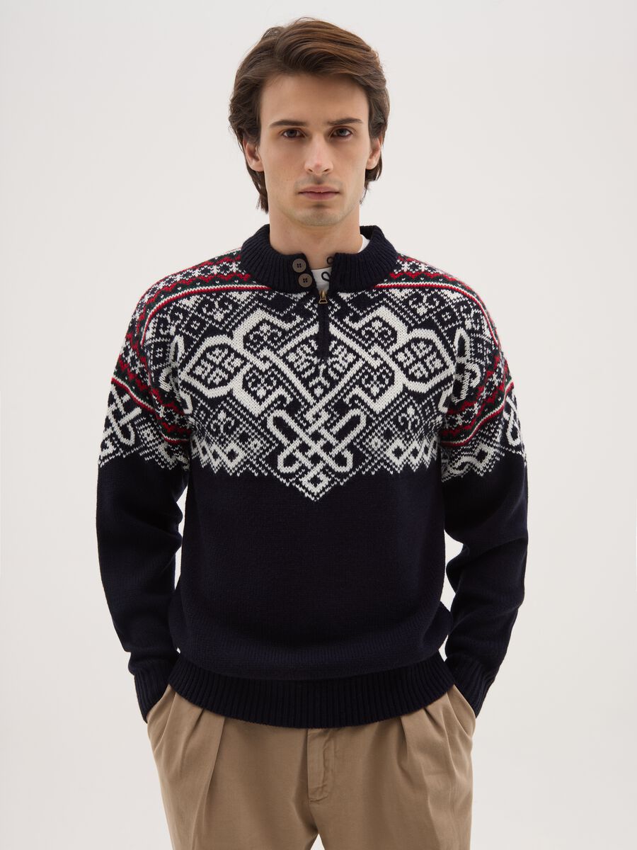 Pullover blu con motivo jacquard in misto lana con zip_1