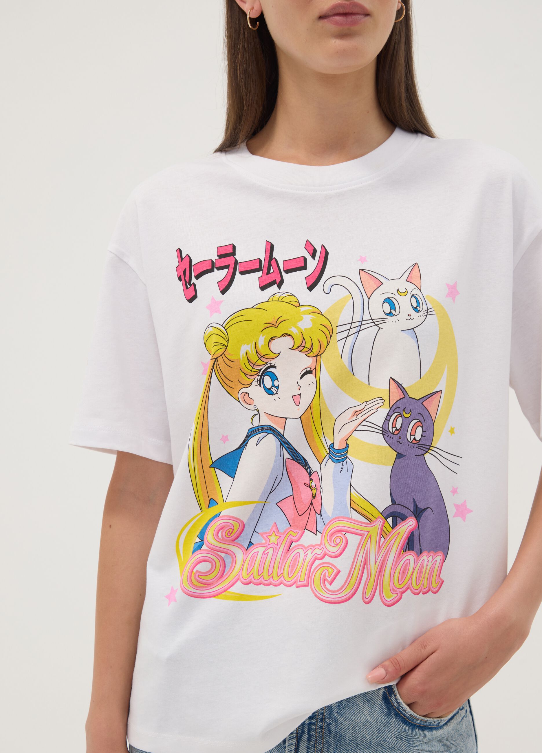 White pure cotton Sailor Moon print T-shirt, regular fit