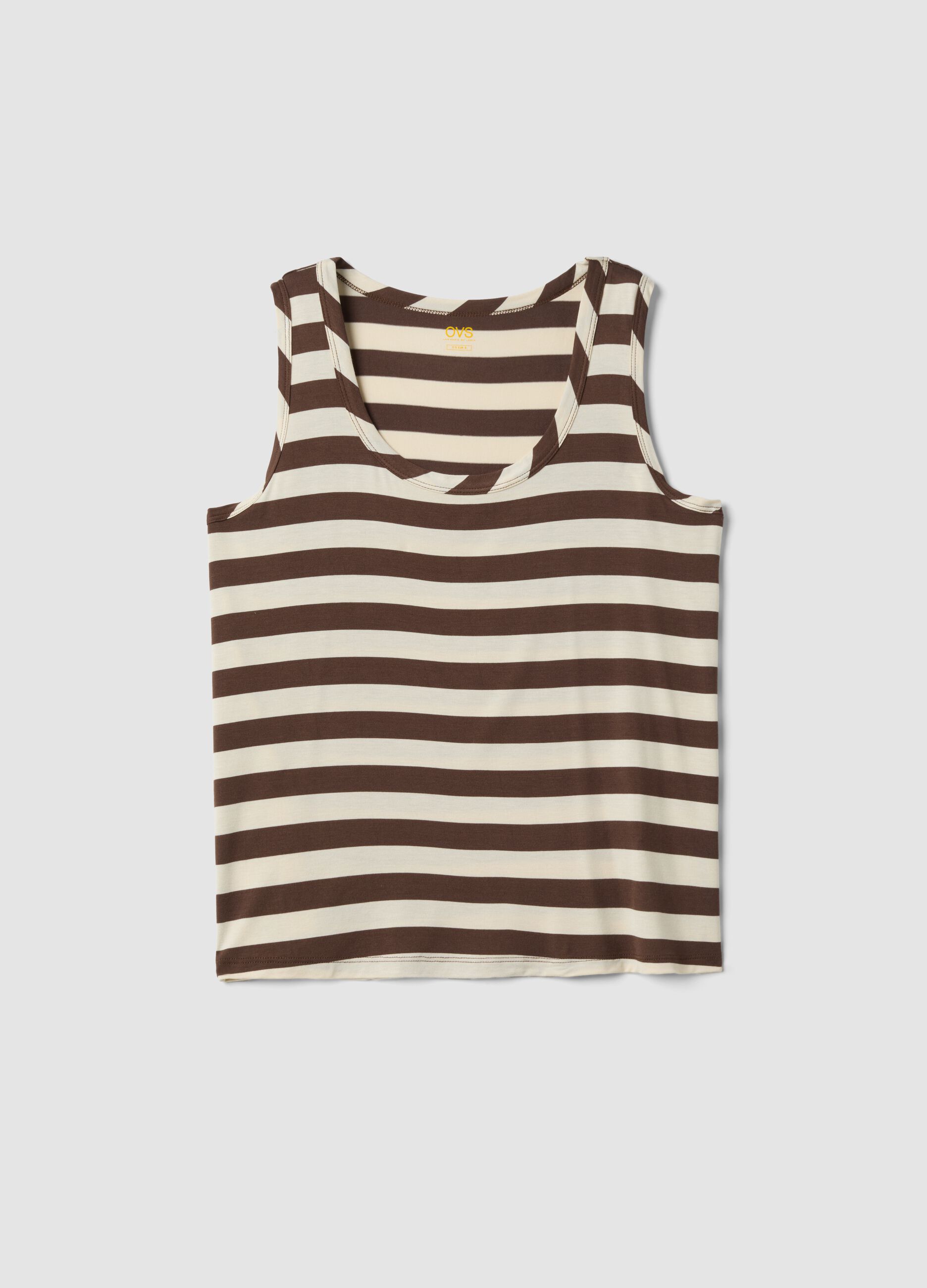 Tank top marrone in viscosa elasticizzato a righe regular fit