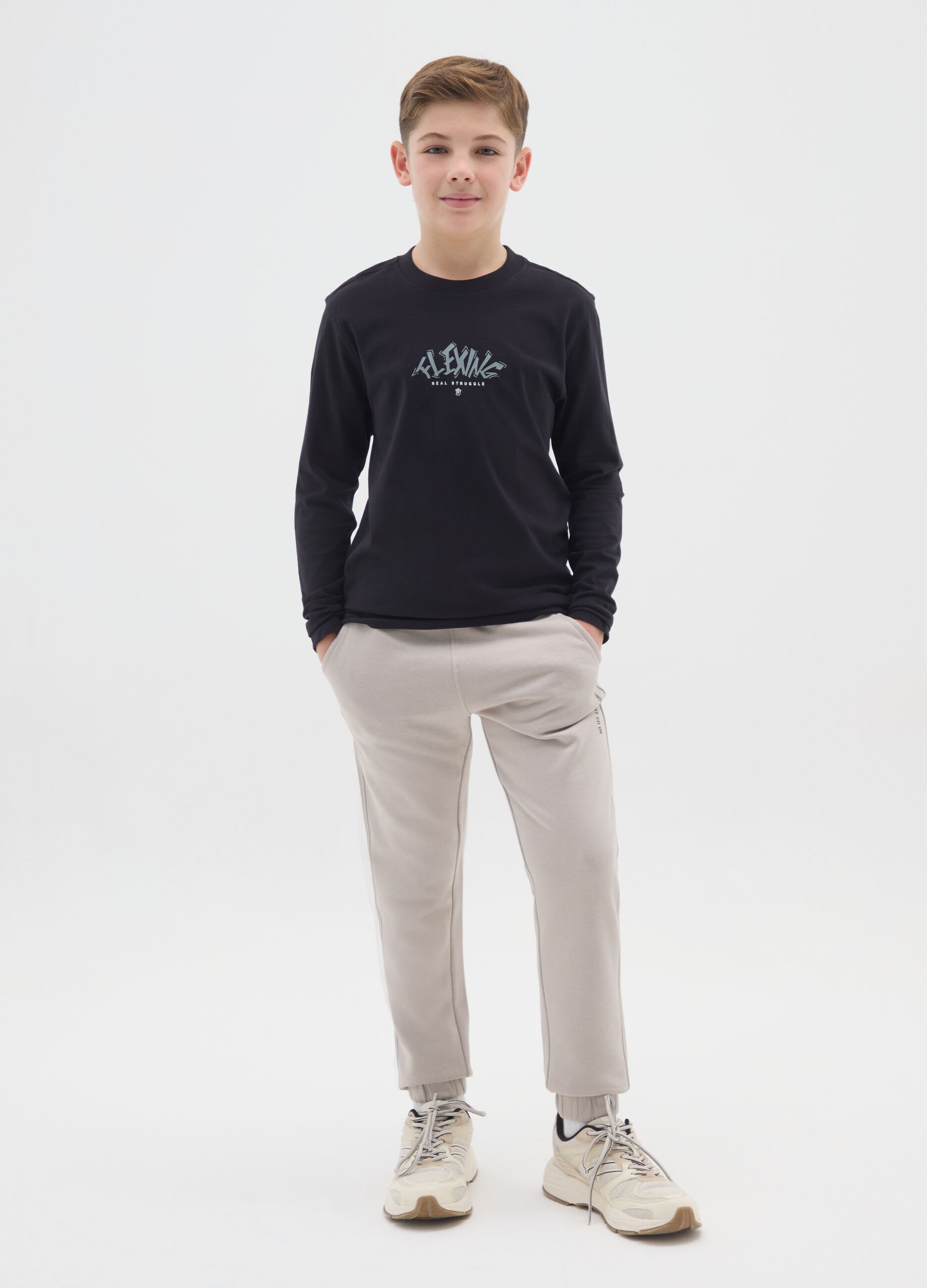 Boys' beige joggers in pure cotton regular fit with writing