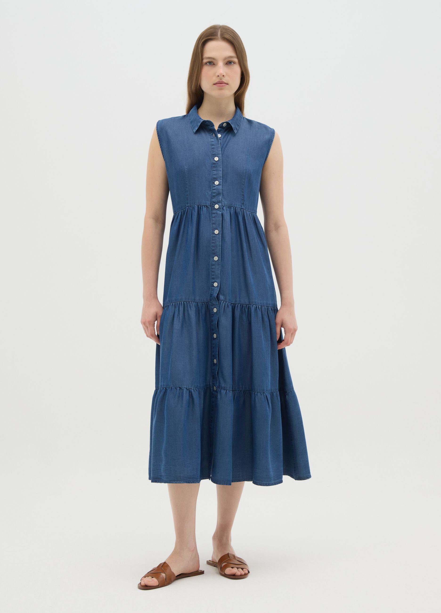 Women's long blue lyocell wide fit dress