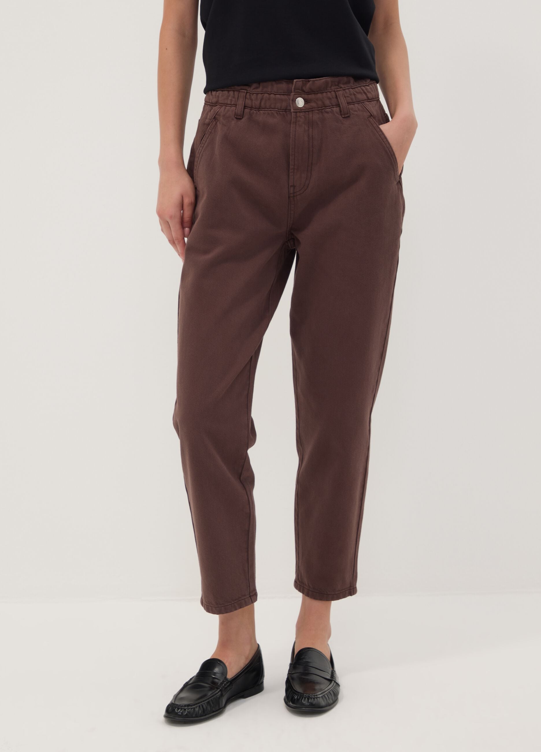 Brown baggy-fit pure cotton denim jeans with paperbag waist