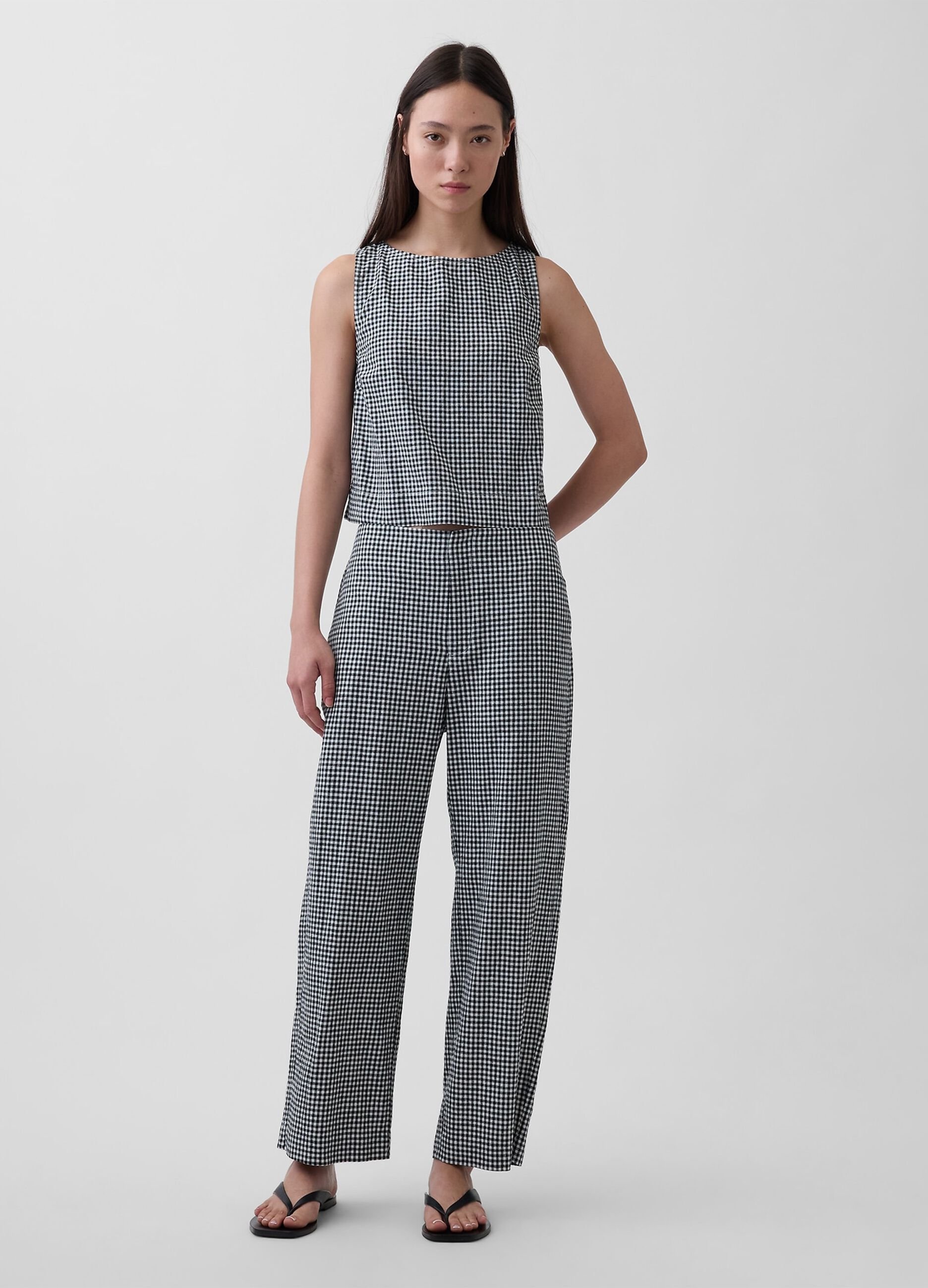 Checked linen-blend top