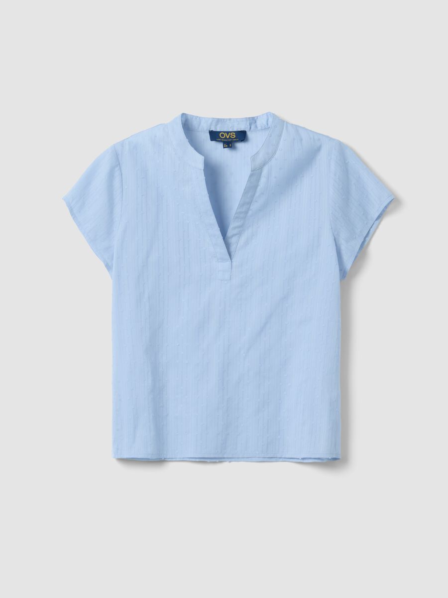 Light blue pure cotton regular fit deep V shirt with transparency_4