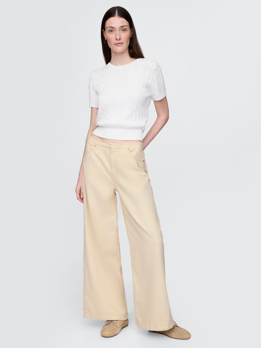 Beige Flared Trousers in Cotton and Lyocell_0