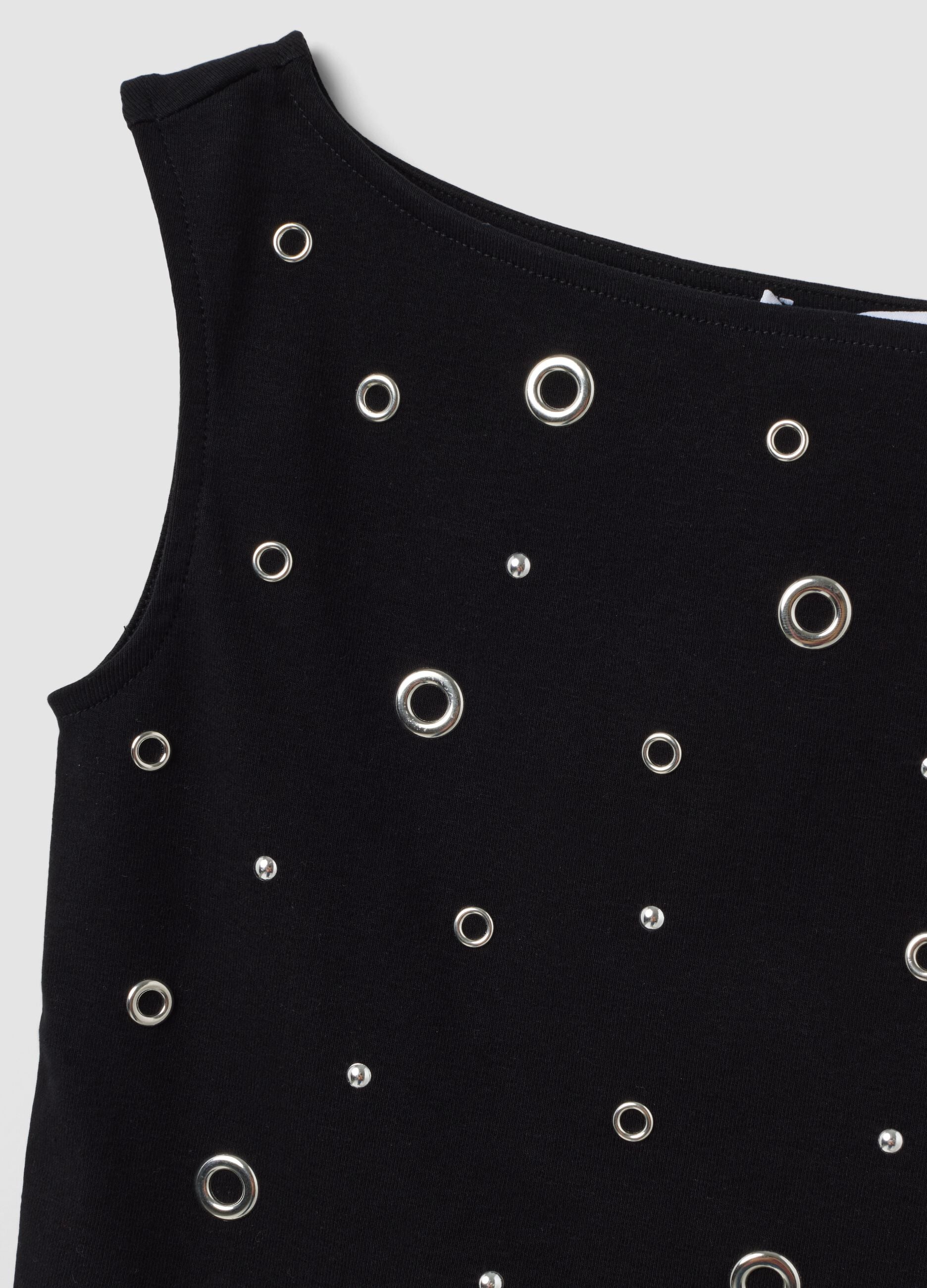 Black stretch cotton top with metal eyelets, regular fit