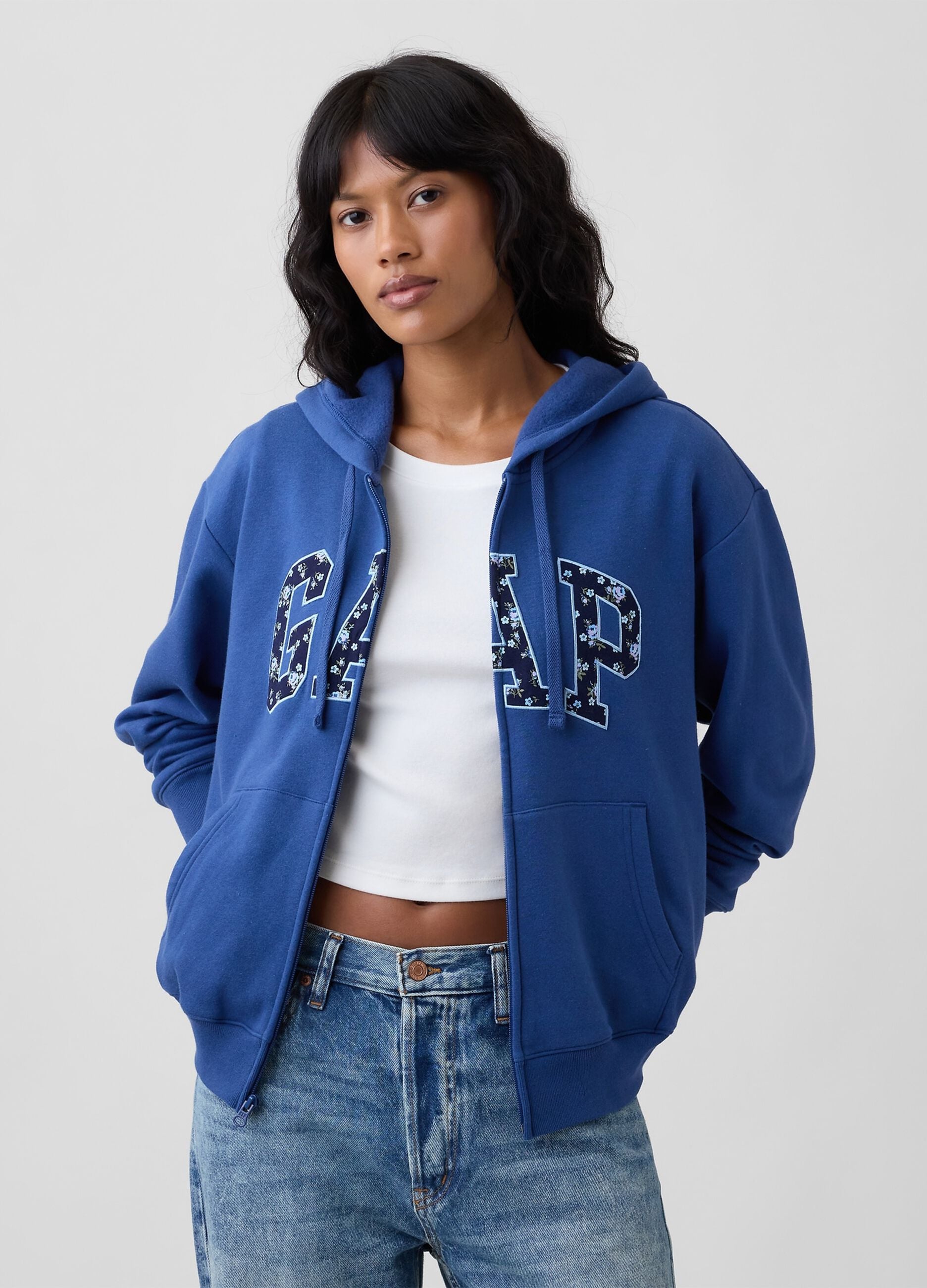 Navy blue cotton-blend hoodie with zip and GAP logo