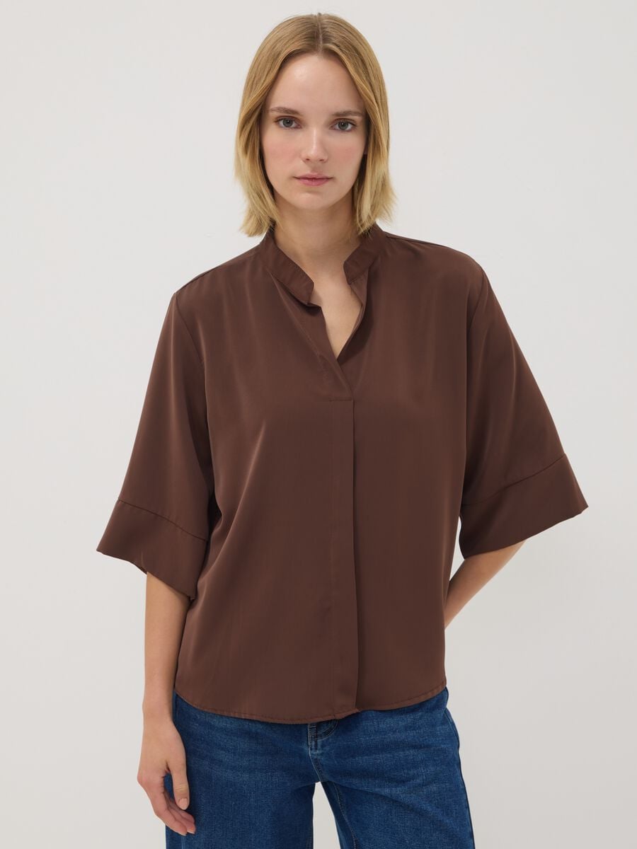 Brown regular-fit blouse with mandarin collar_1