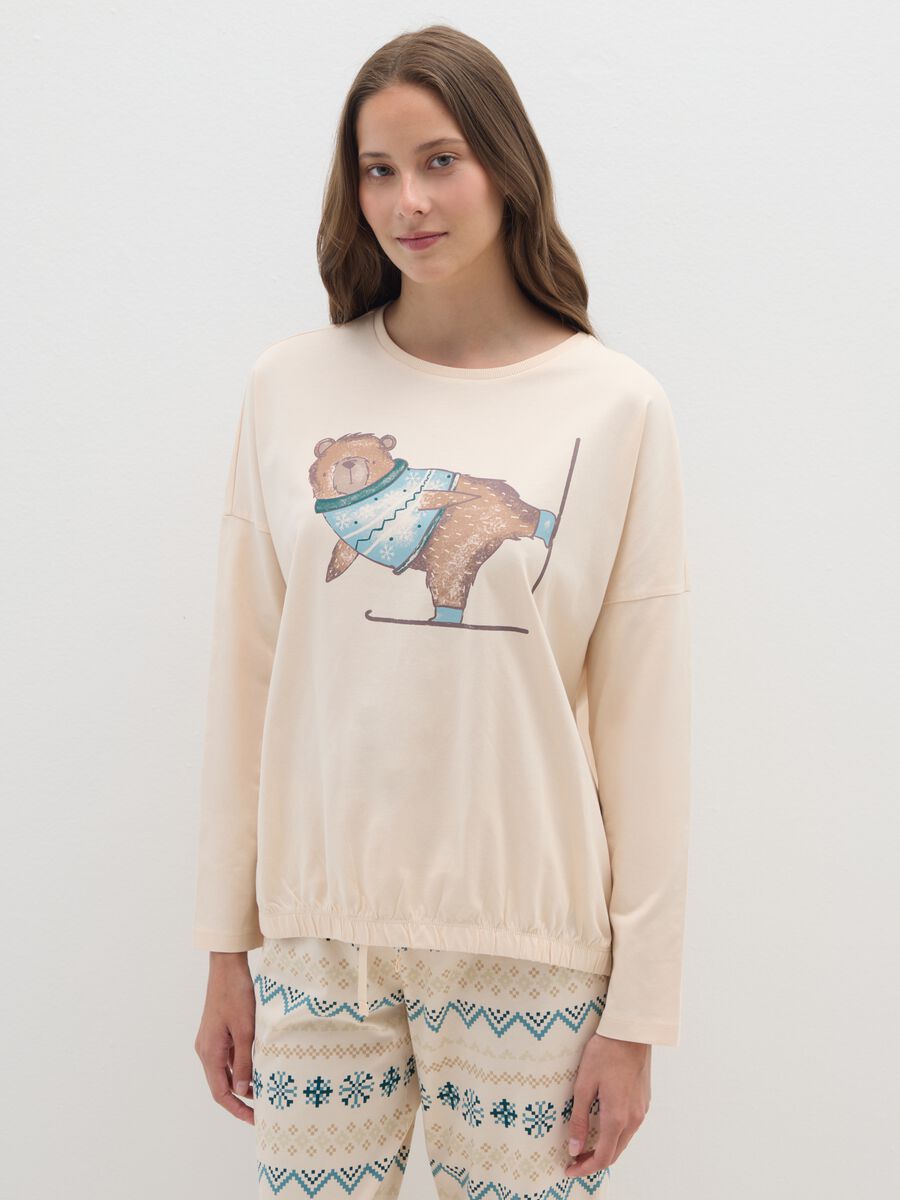 Beige pure cotton pyjamas with regular fit and prints_1