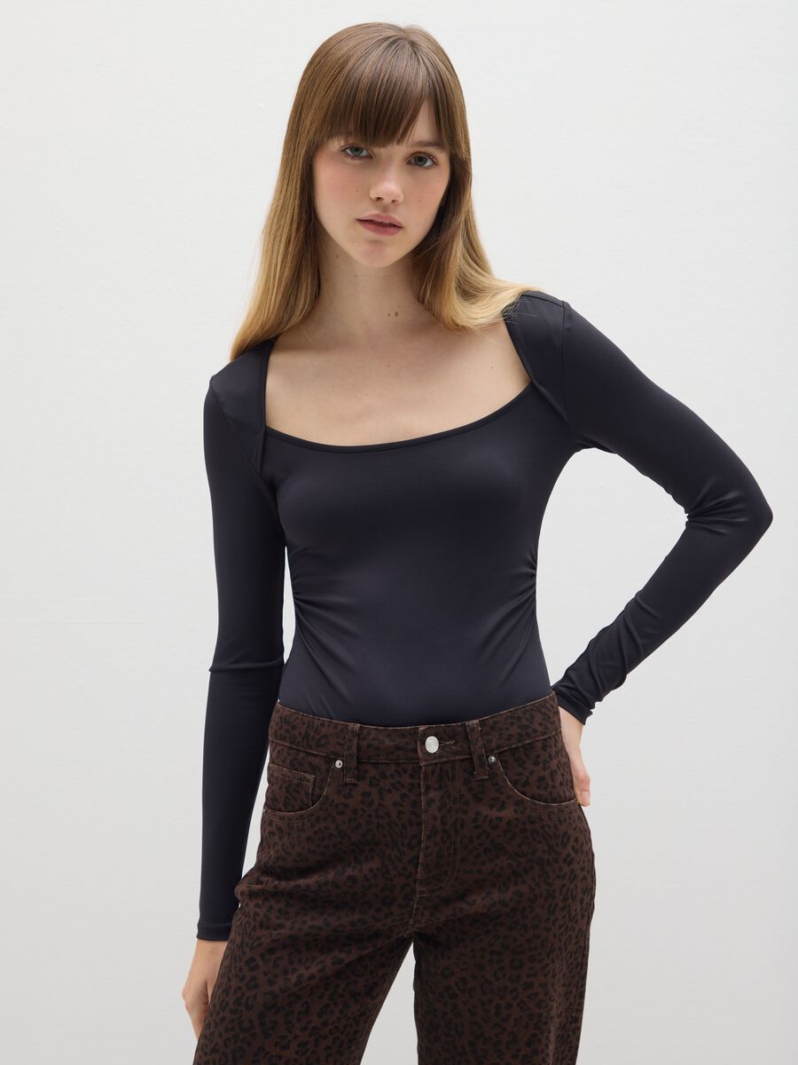 Black stretch fabric bodysuit with fitted fit_1