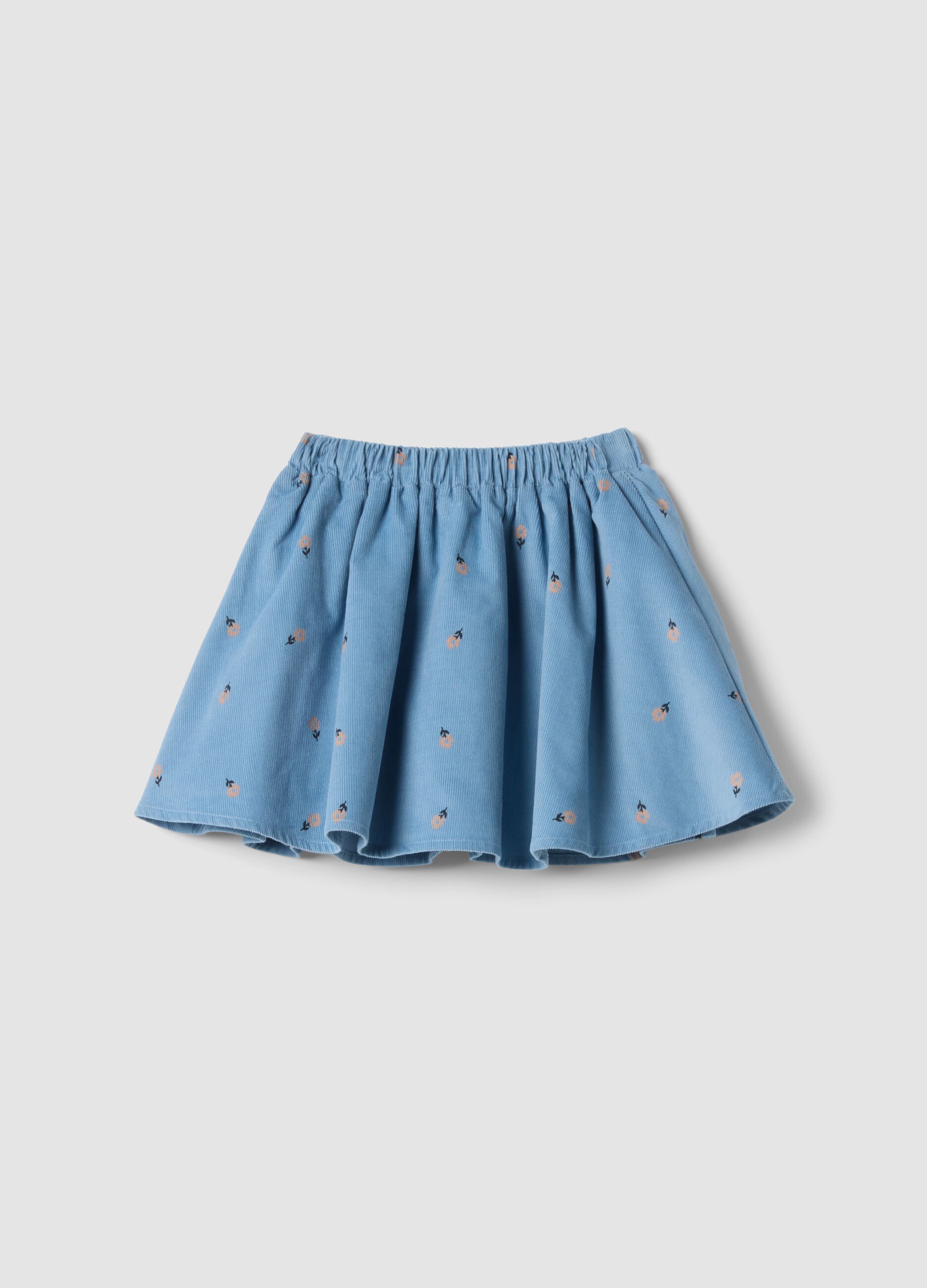 Blue ribbed pure cotton skort with floral print