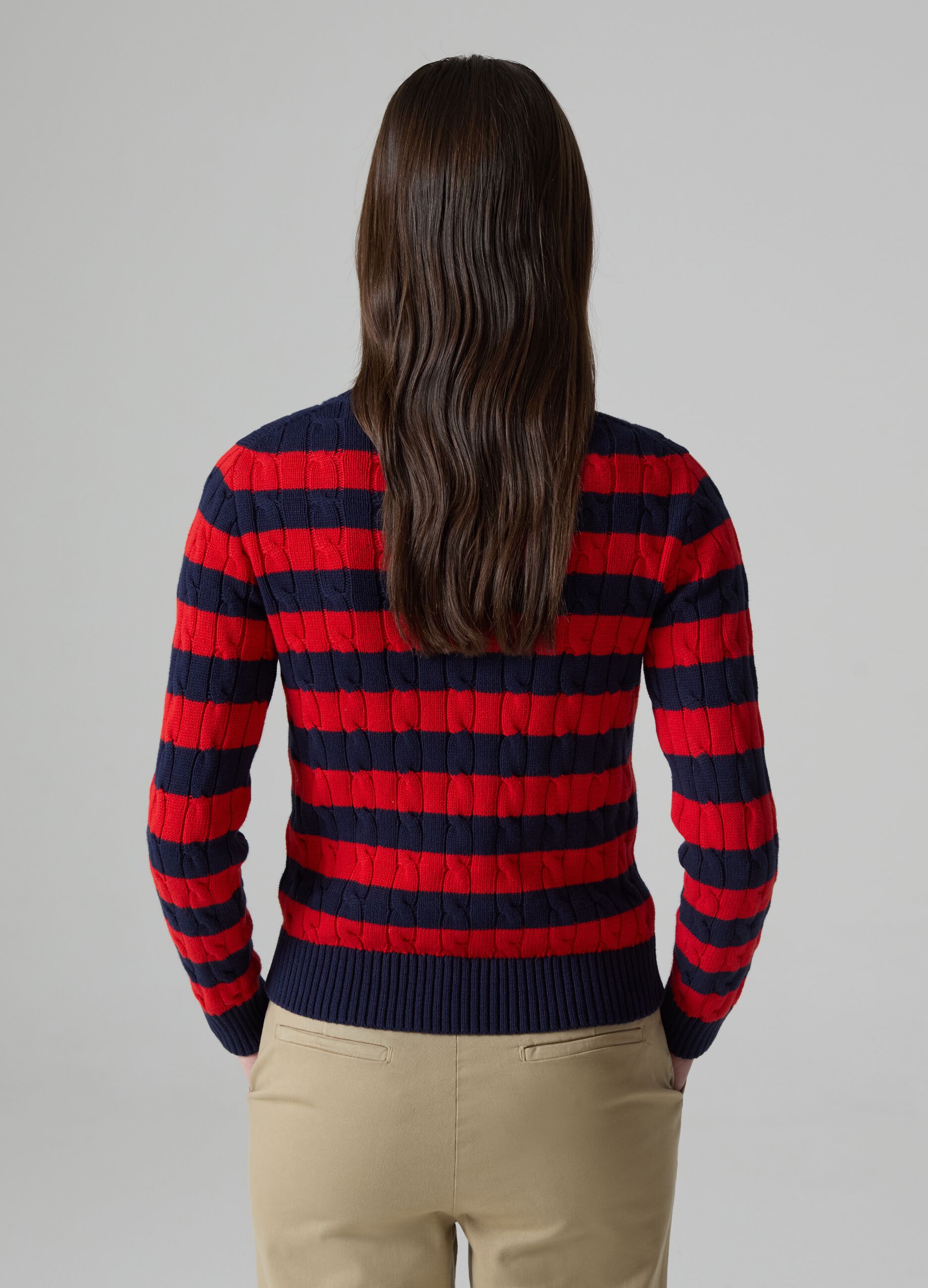 Striped pullover with cable-knit design