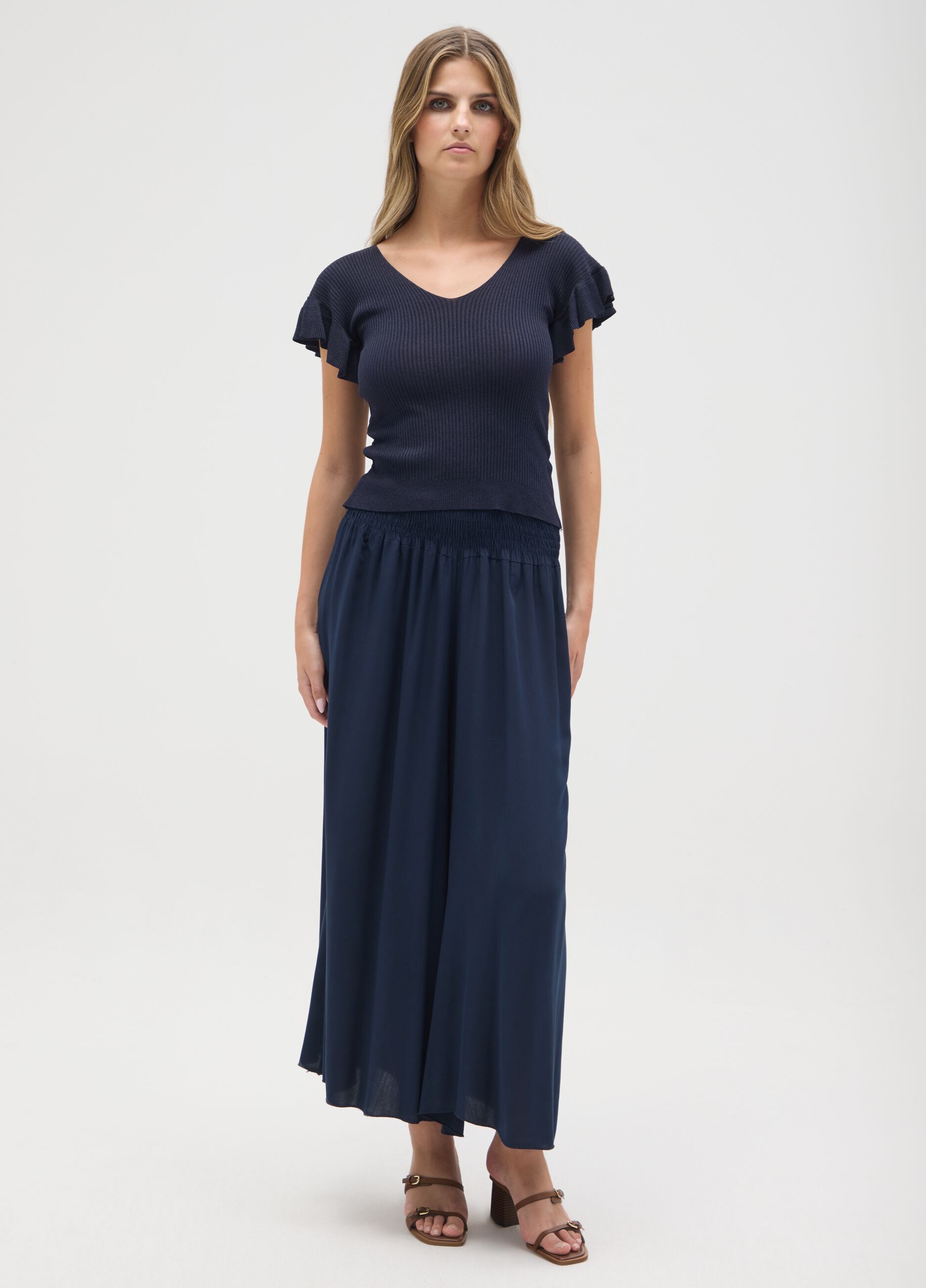 Women's blue viscose T-shirt, regular fit with frills