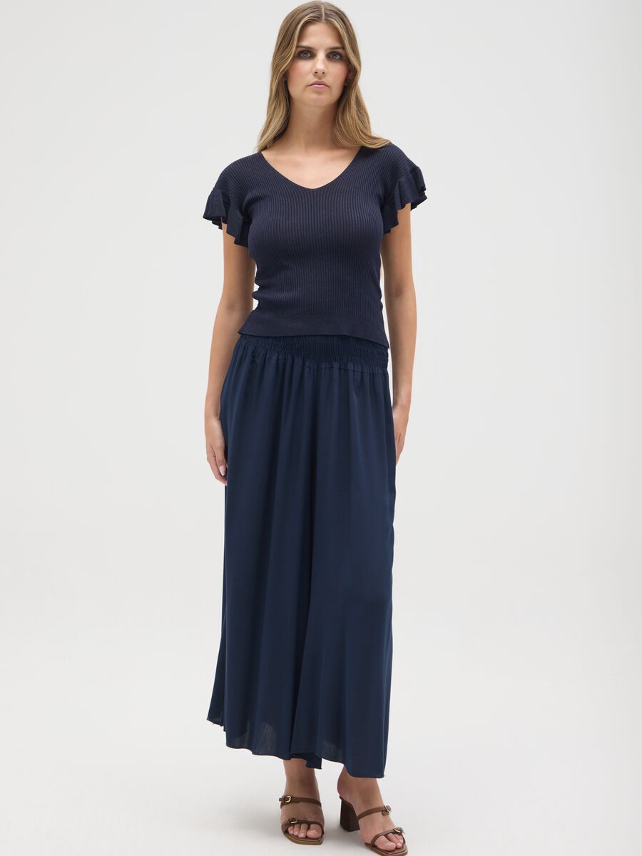 Women's blue viscose T-shirt, regular fit with frills_1