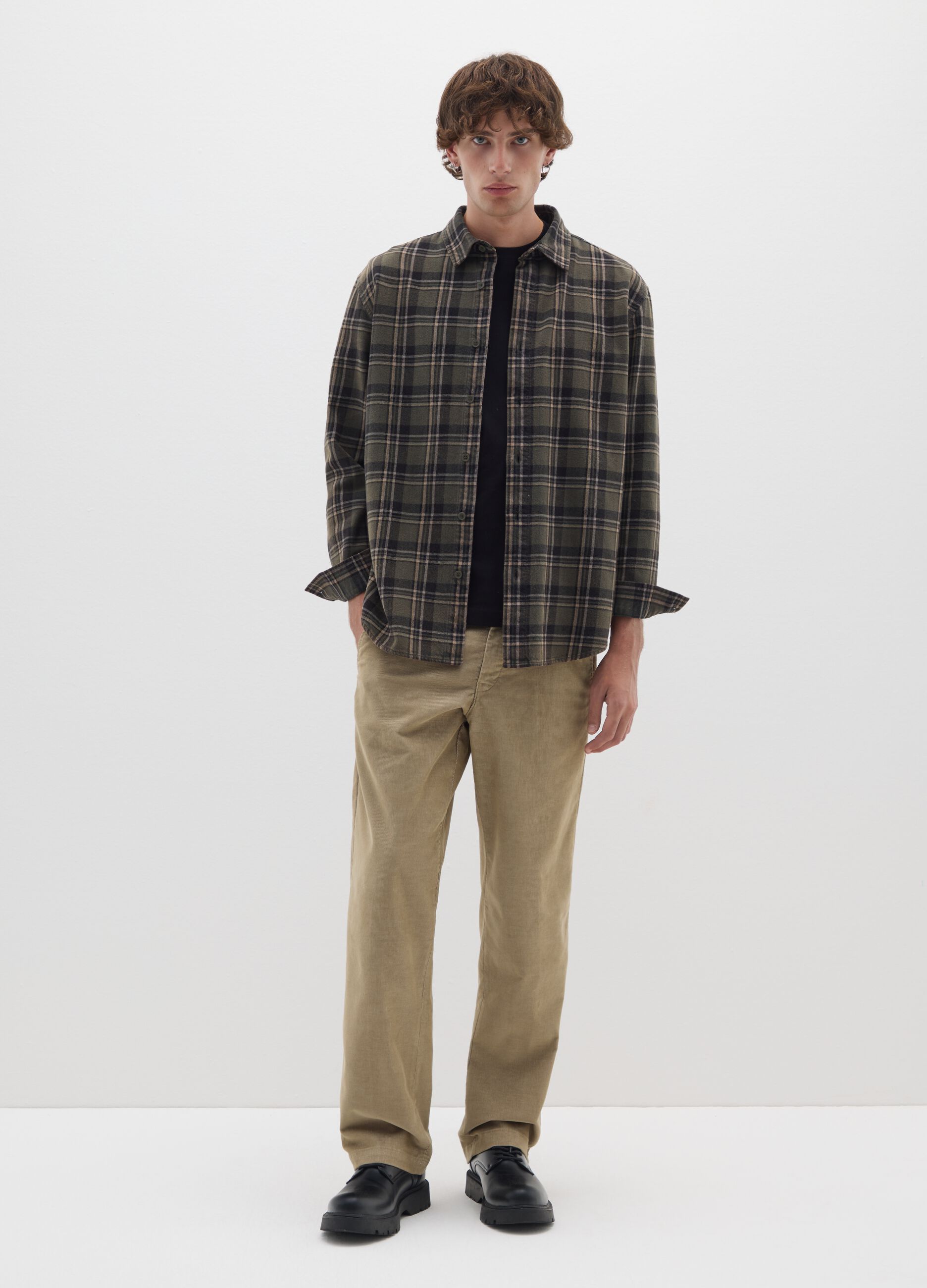 Beige cotton blend regular fit trousers