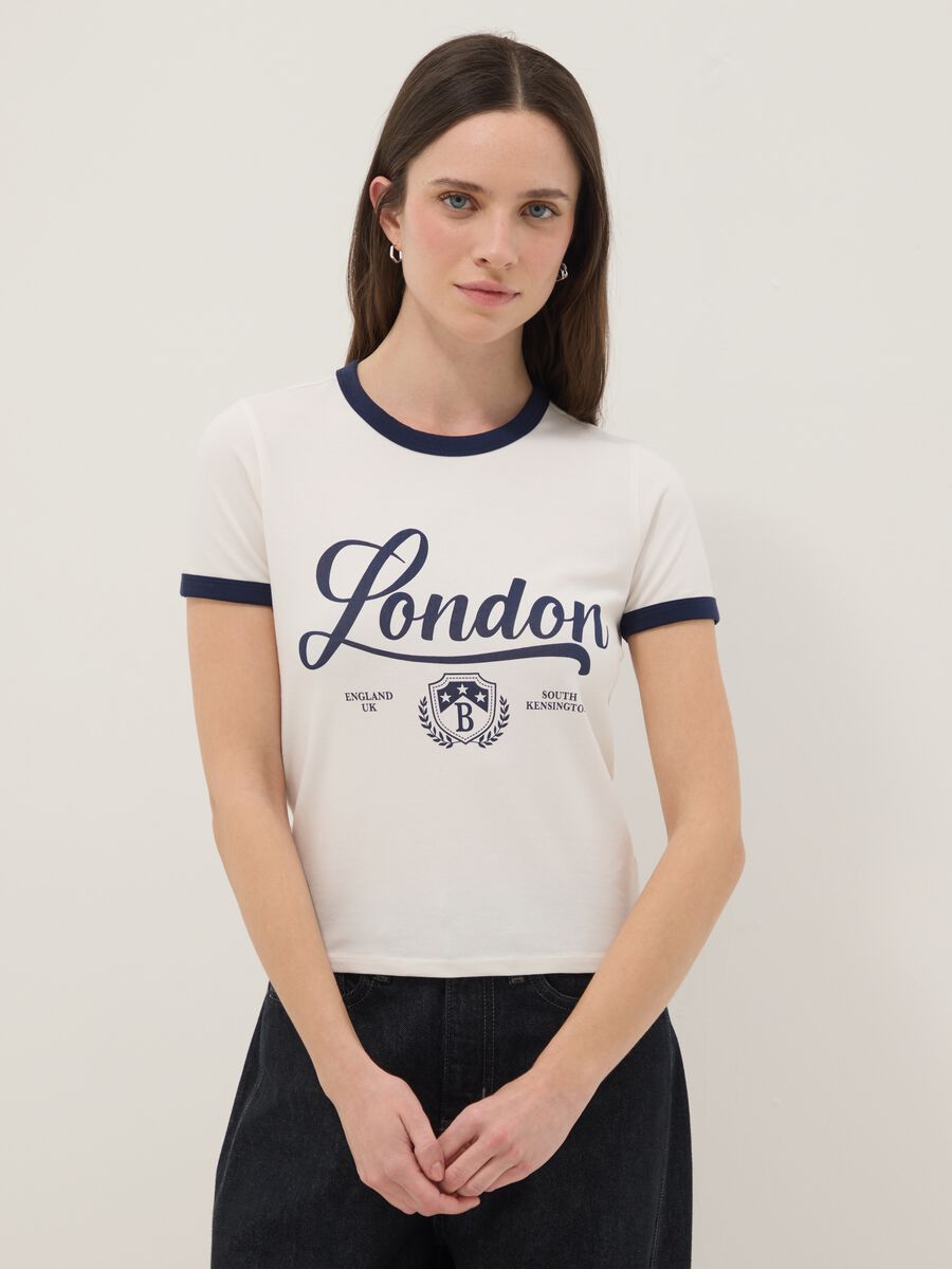 White stretch cotton T-shirt regular fit with blue print_1