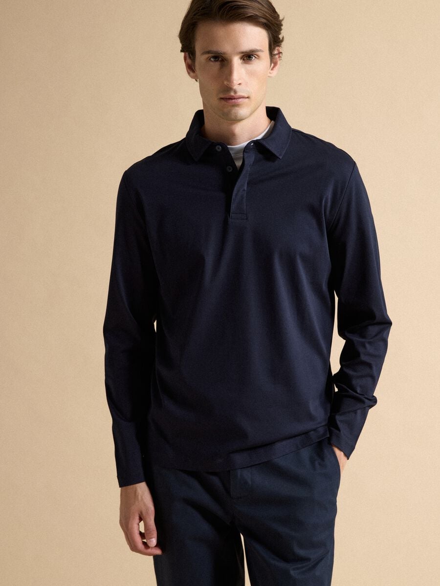 Polo blu a maniche lunghe in puro cotone_0