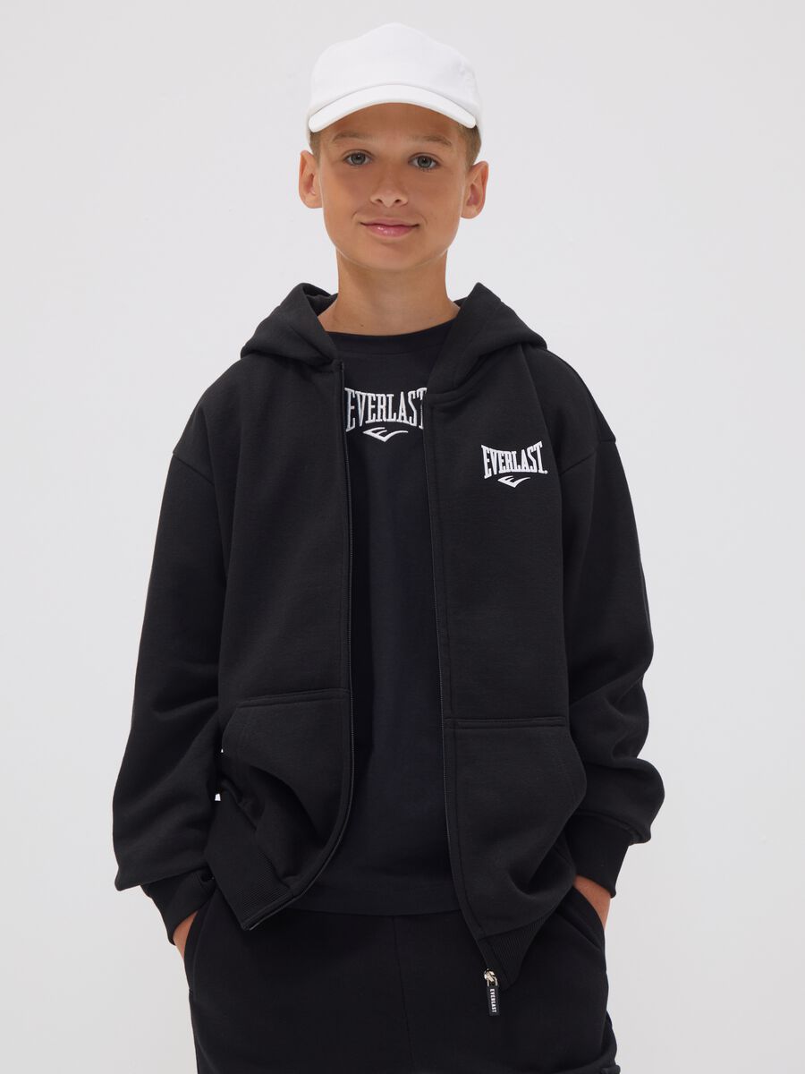 Black cotton-blend hooded zip hoodie_0