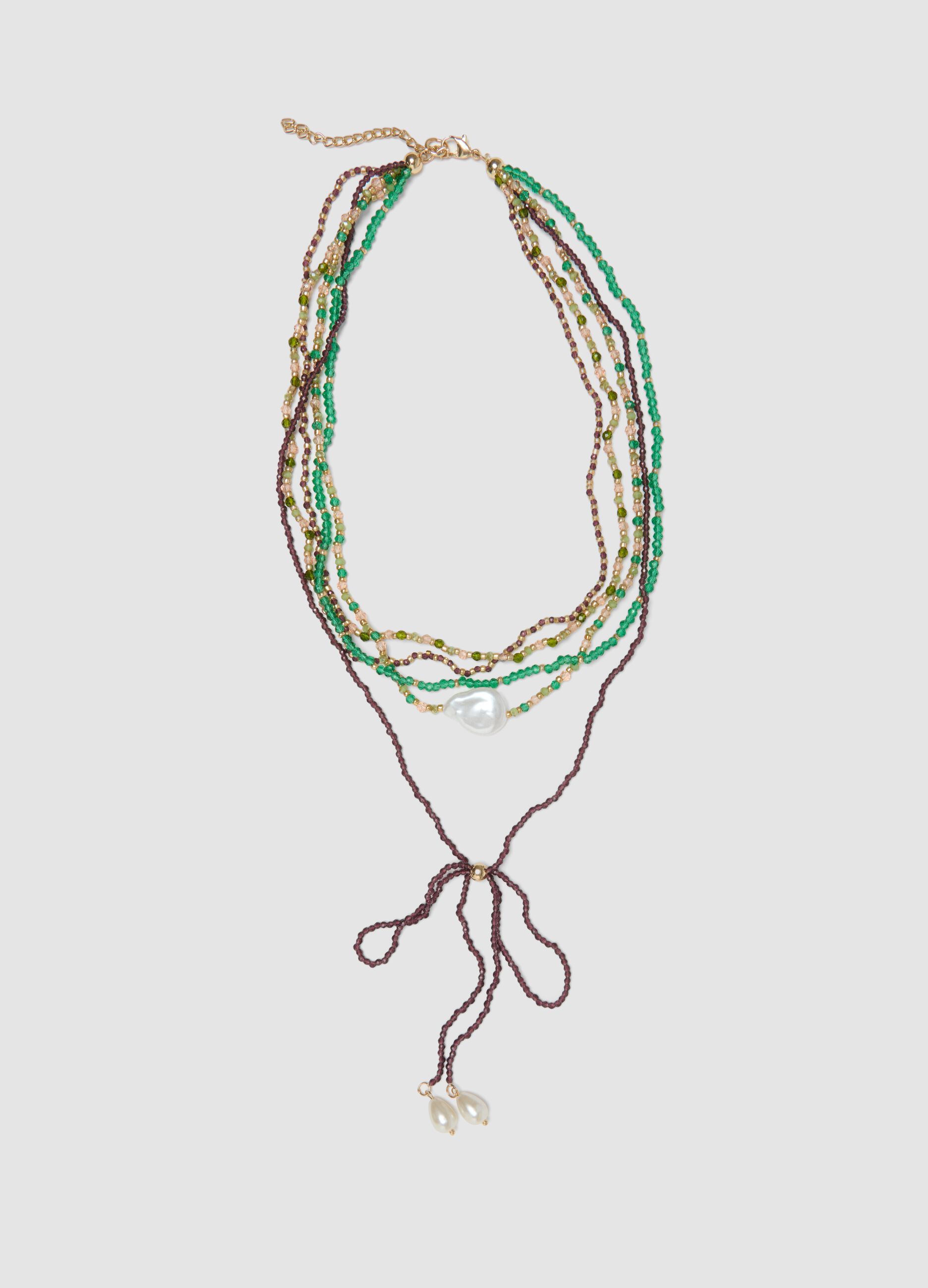 Multicolour multi-strand necklace with dangling pearls