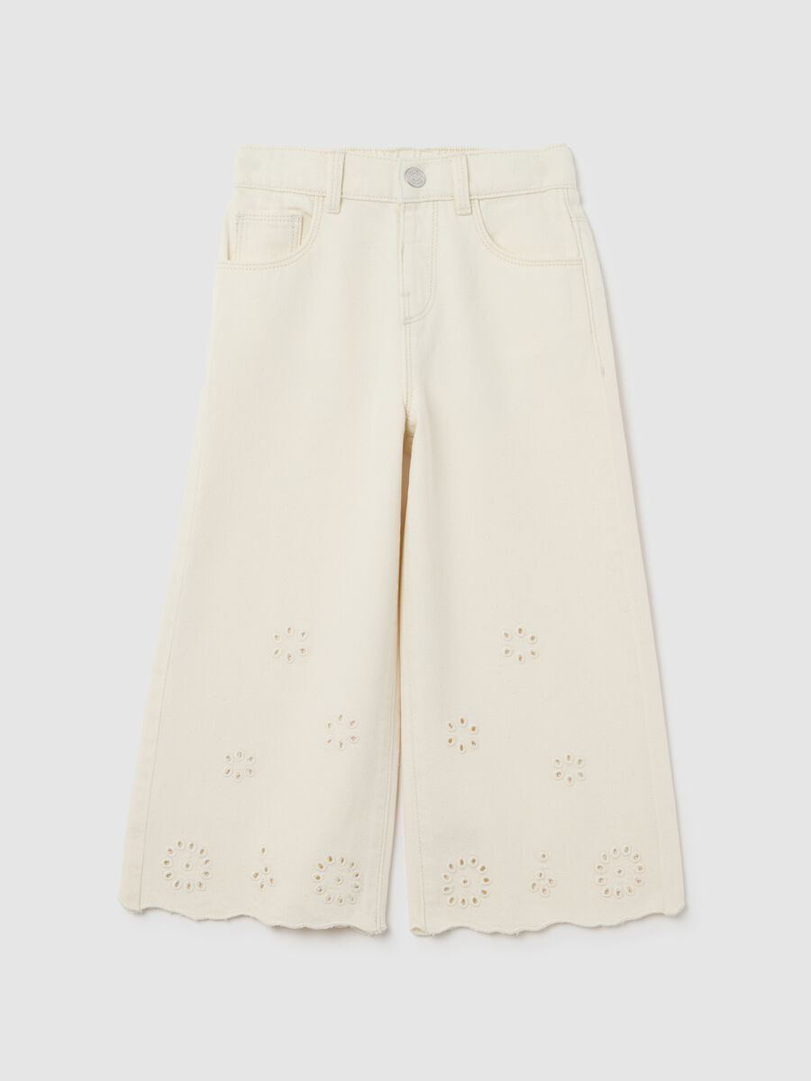 Drill trousers with openwork floral embroidery_0