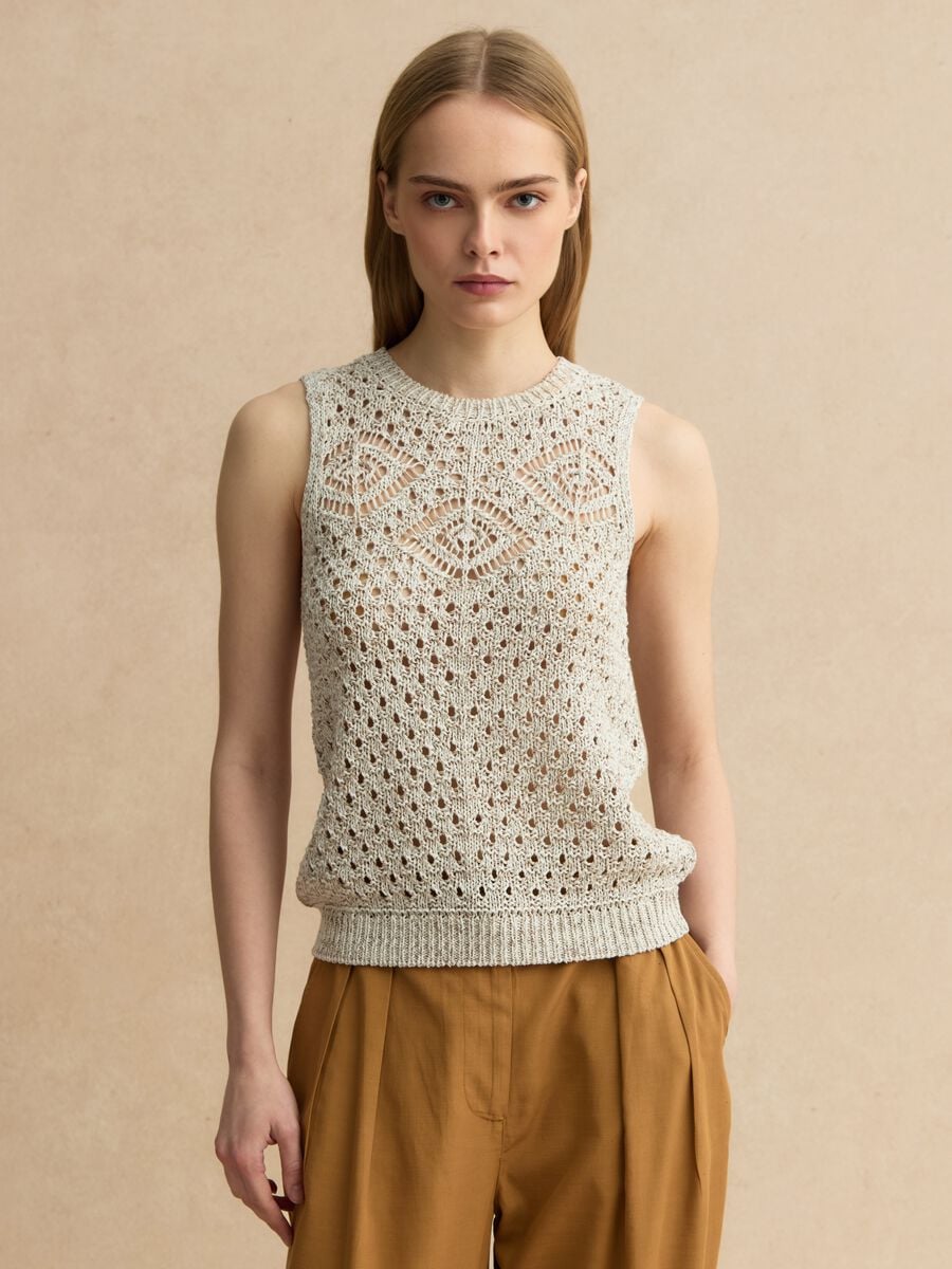 Fitted beige cotton blend mesh vest_0