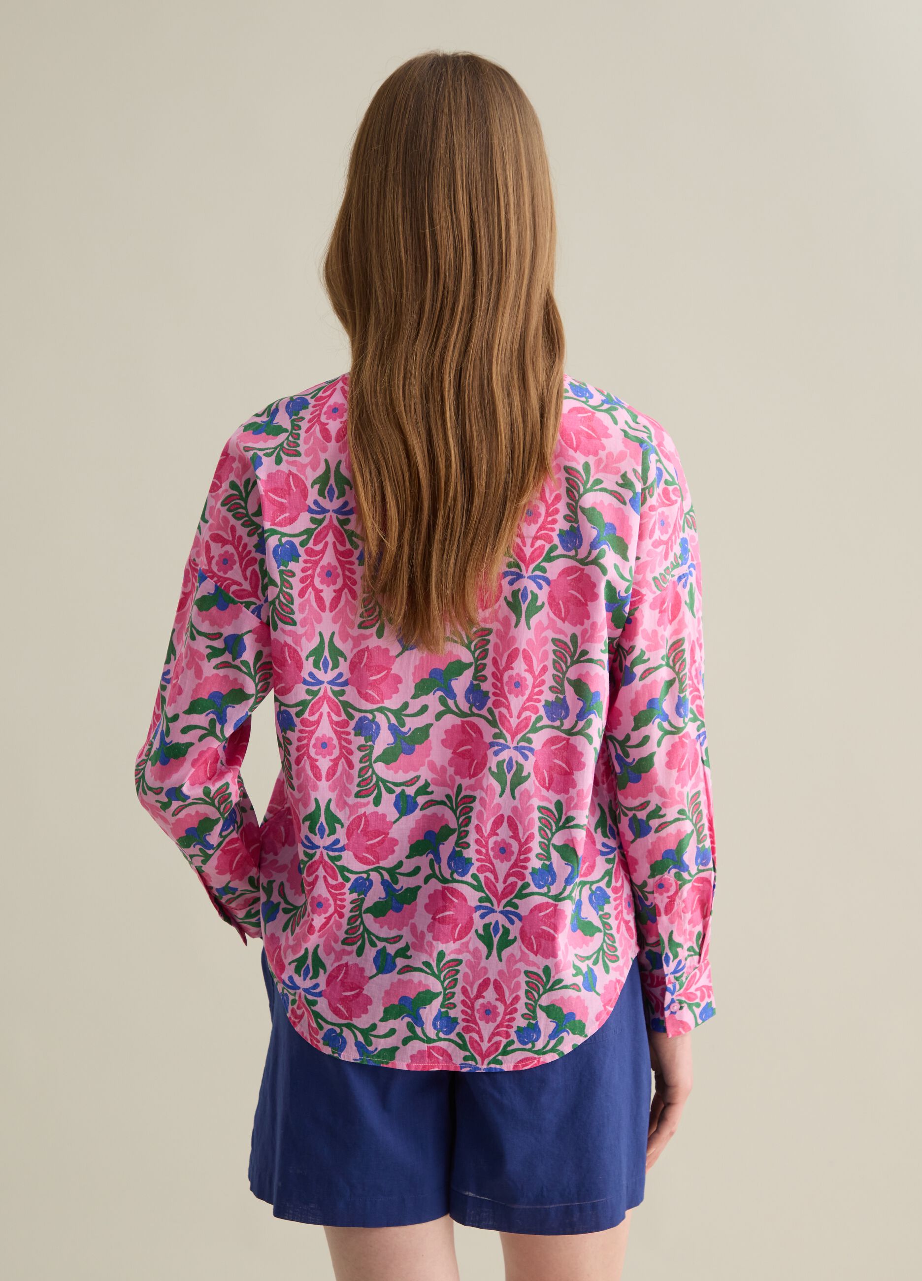 Cotton Shirt with Pink and Green Floral Print