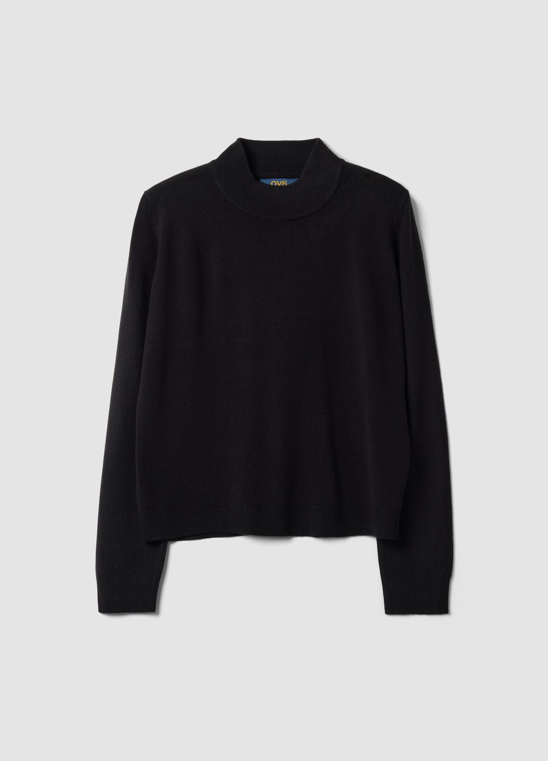 Black long-sleeve top with raised neckline, regular fit