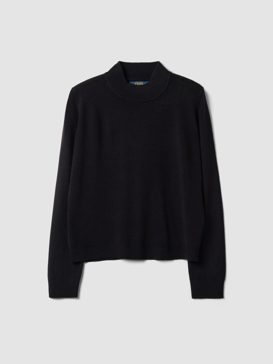 Black long-sleeve top with raised neckline, regular fit_4
