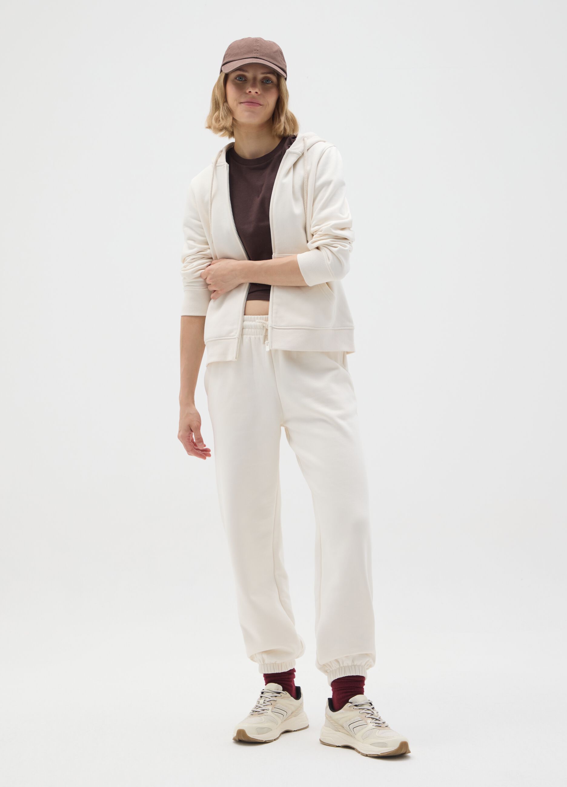 White cotton blend trousers with regular fit