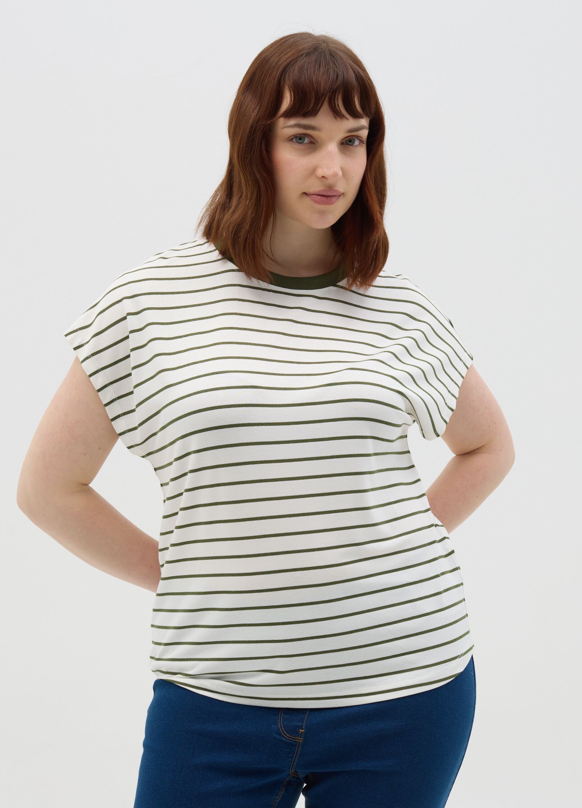 Curvy T-shirt with white and green stripes