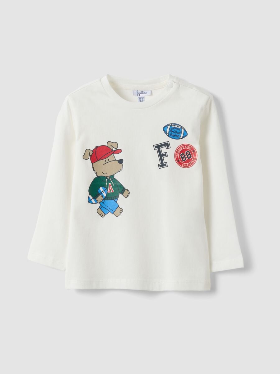 White organic cotton T-shirt with puppy print for baby boy_0