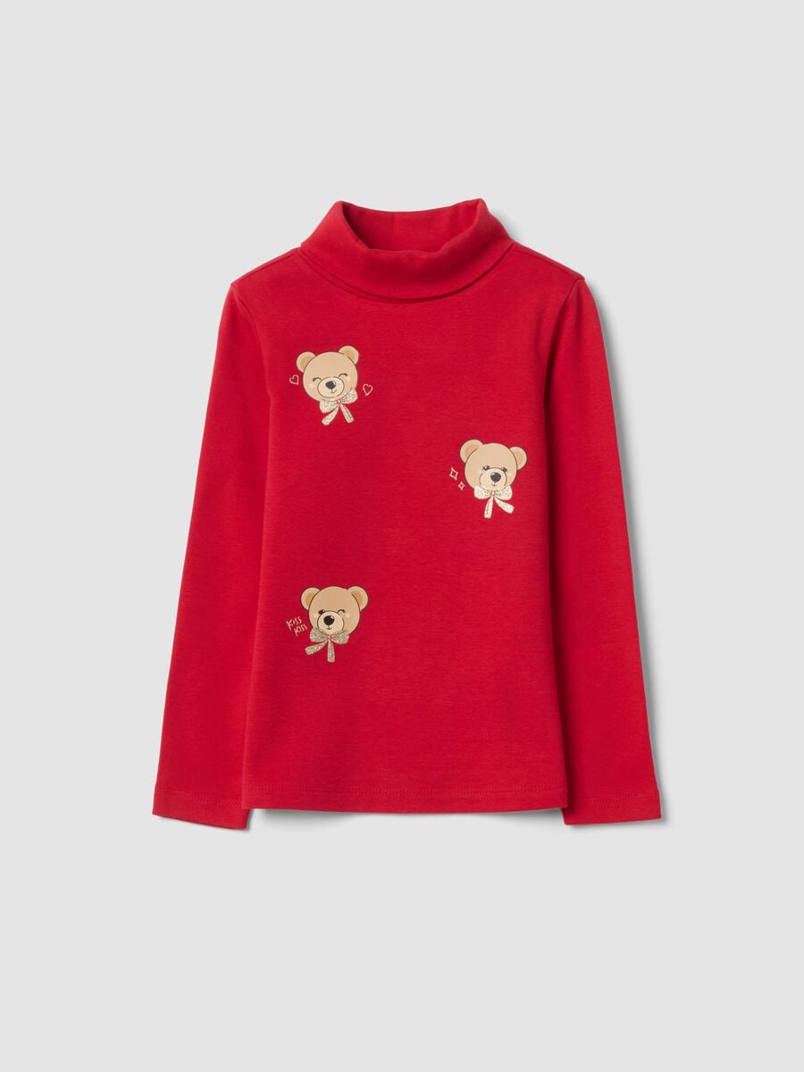 T-shirt rossa in puro cotone dolcevita con stampa orsetti_0