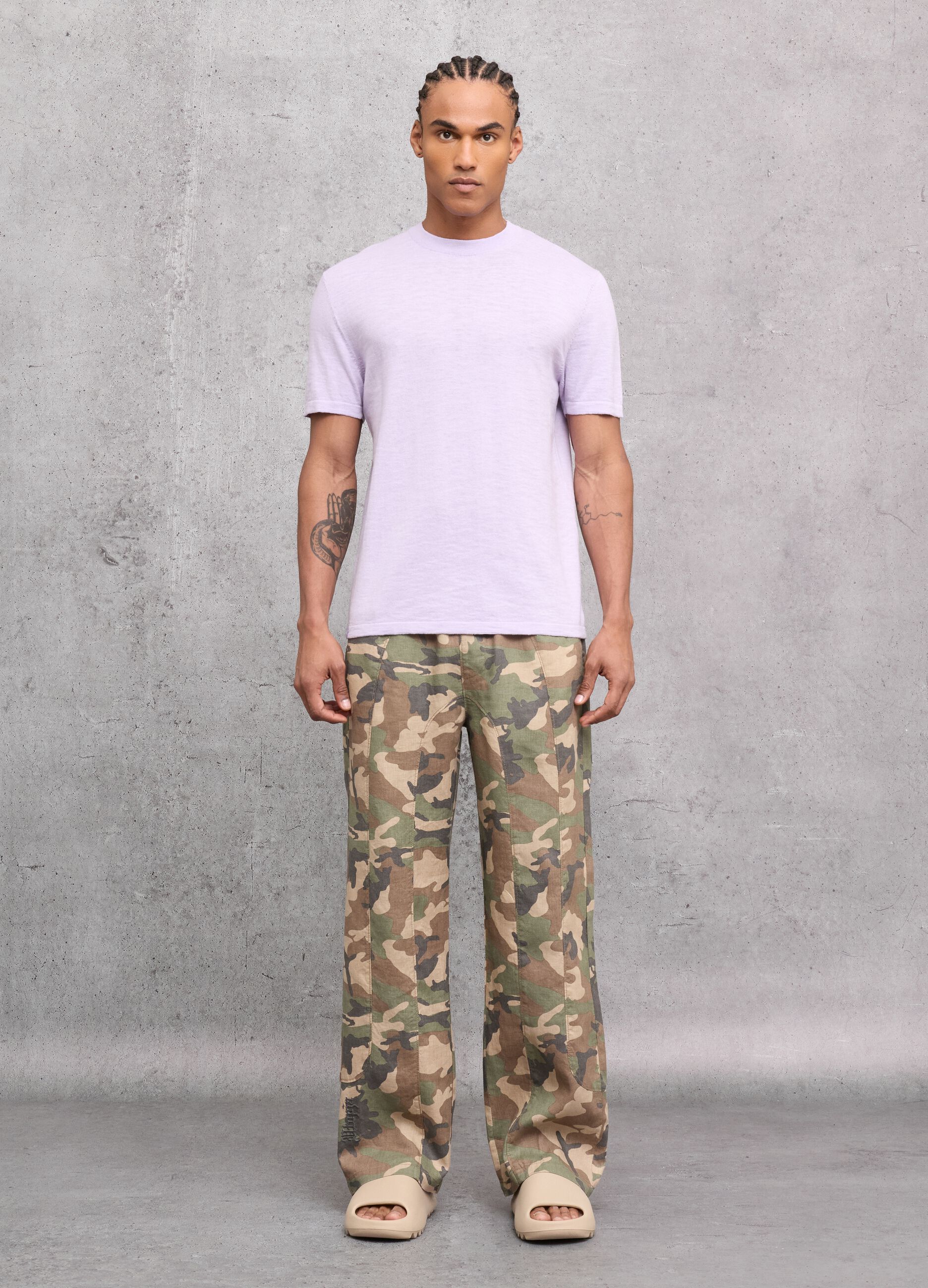 100% Linen Wide-Leg Camo Trousers