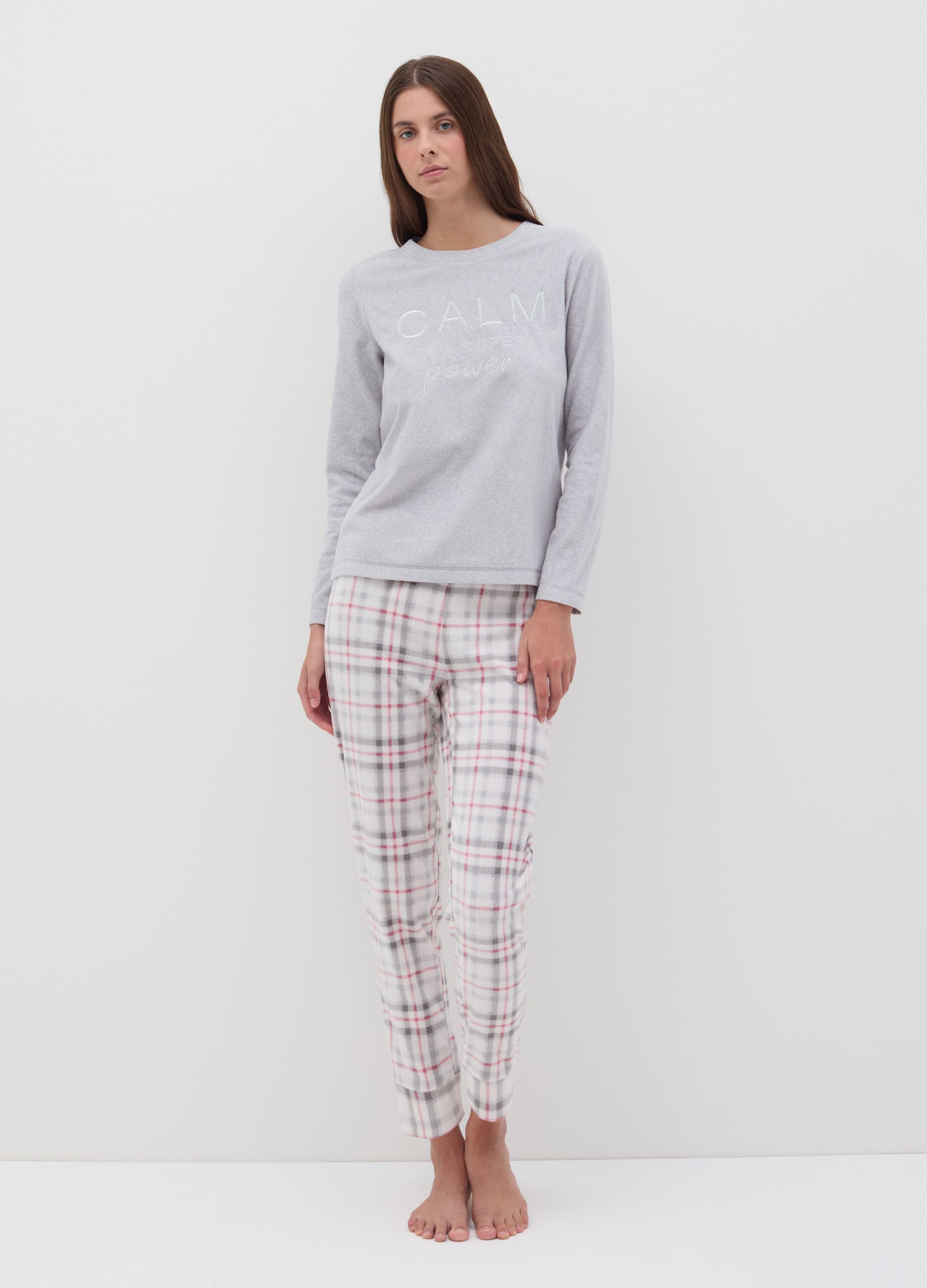 Fleece pyjama trousers with check pattern