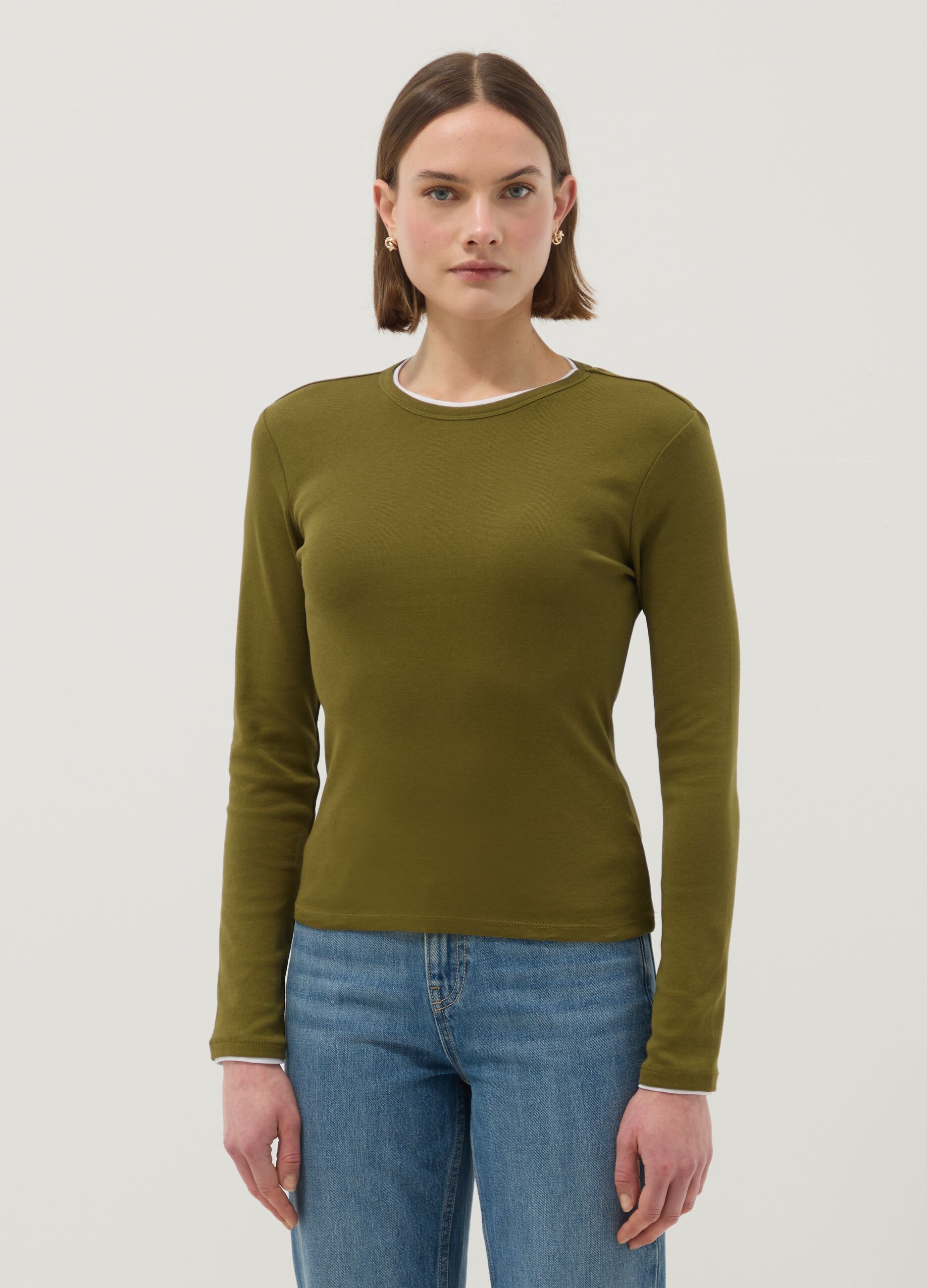 Maglia a maniche lunghe in puro cotone verde regular fit