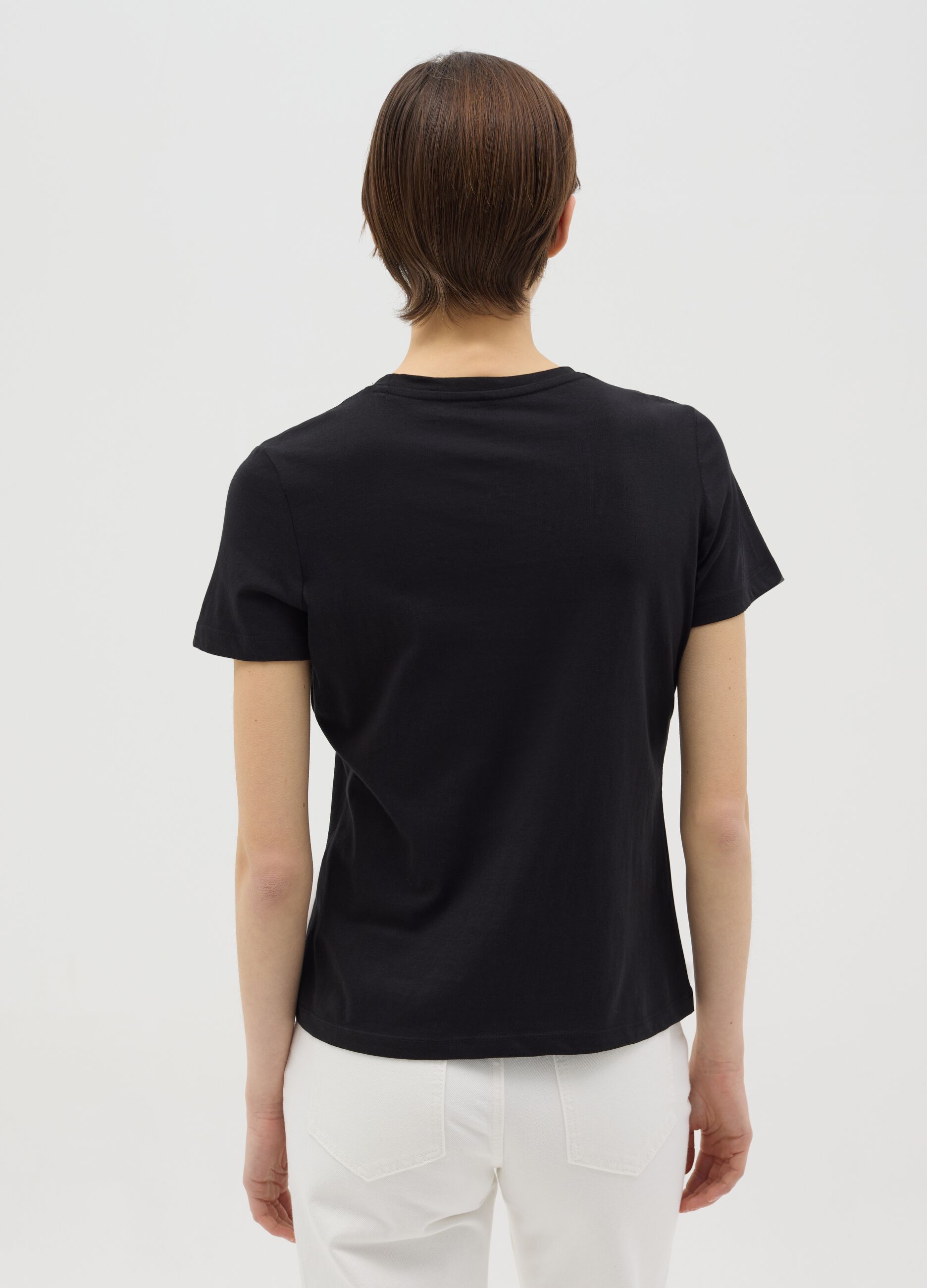 T-shirt nera in cotone con stampa in foil