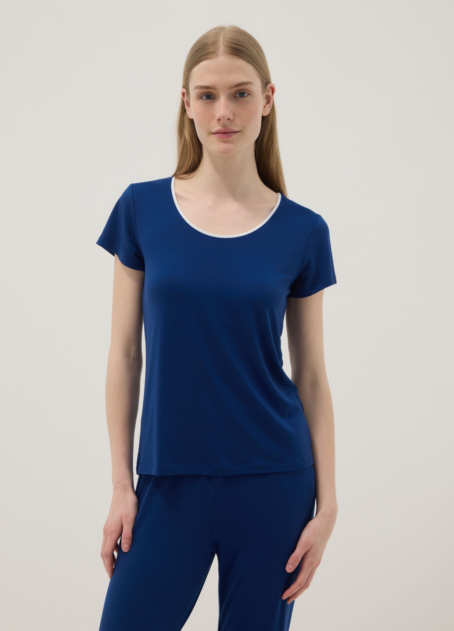 Blue Regular Fit Stretch Viscose Blend Pyjama Top