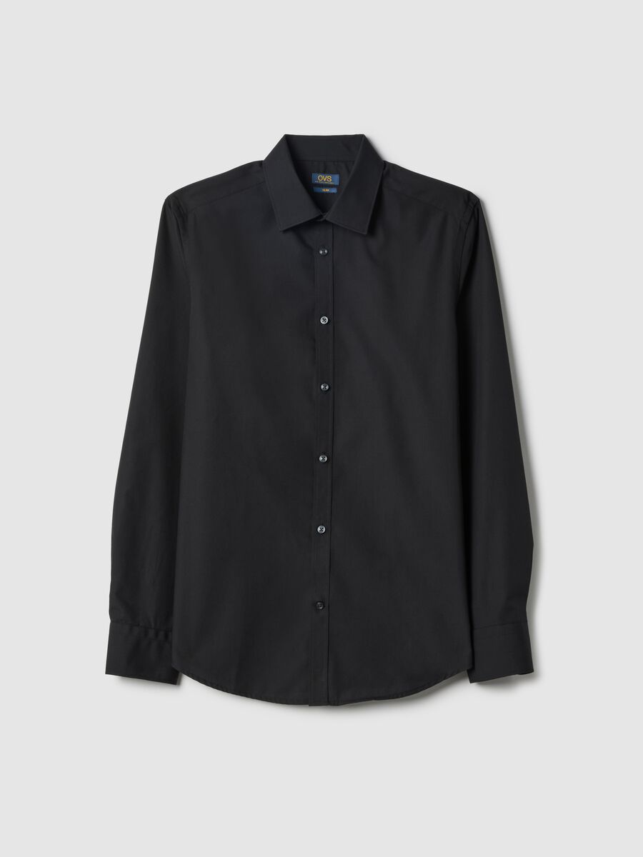 Black cotton blend slim fit easy iron shirt_4
