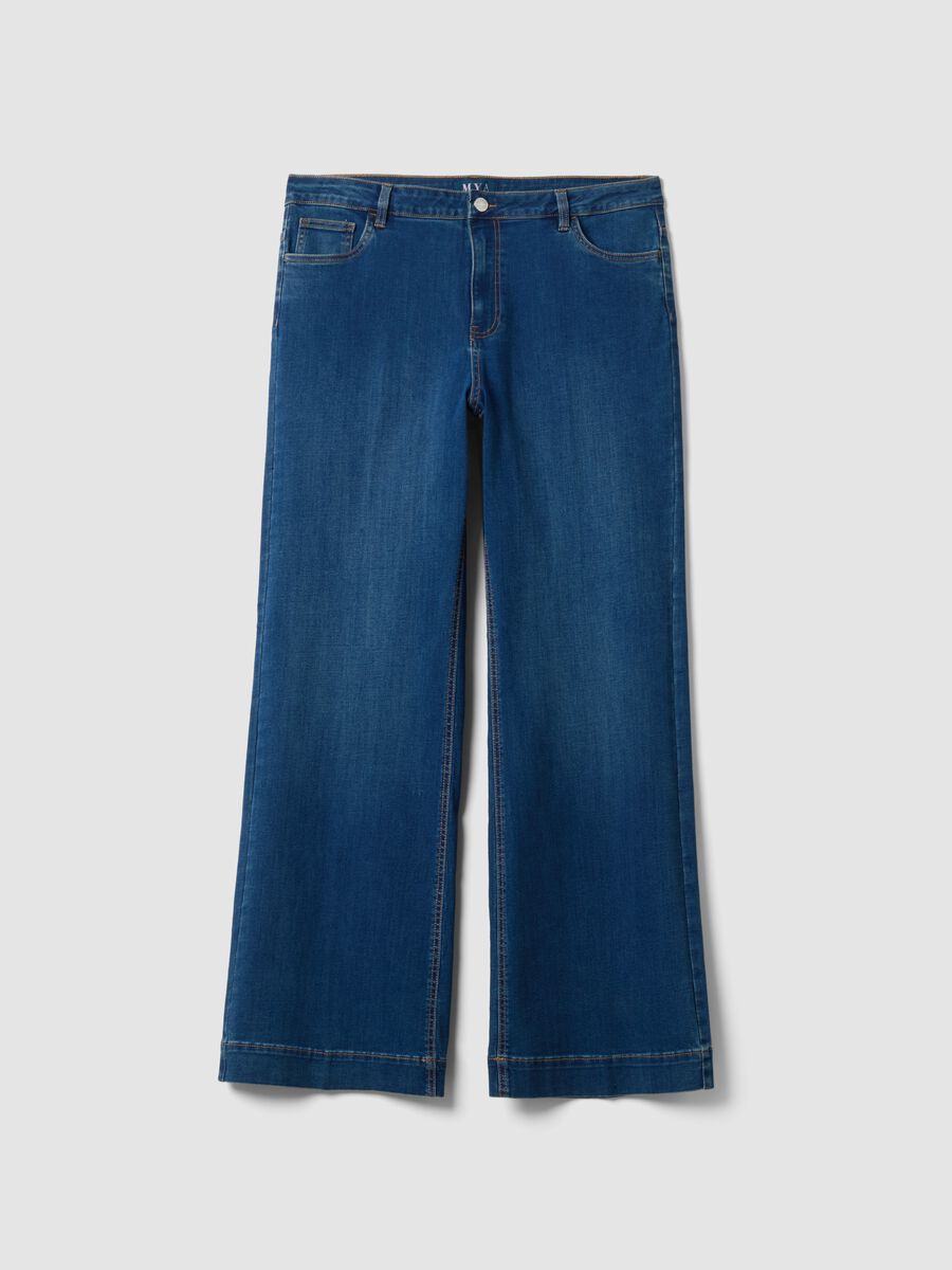 Jeans denim blu in cotone e viscosa elasticizzato bootcut fit_0
