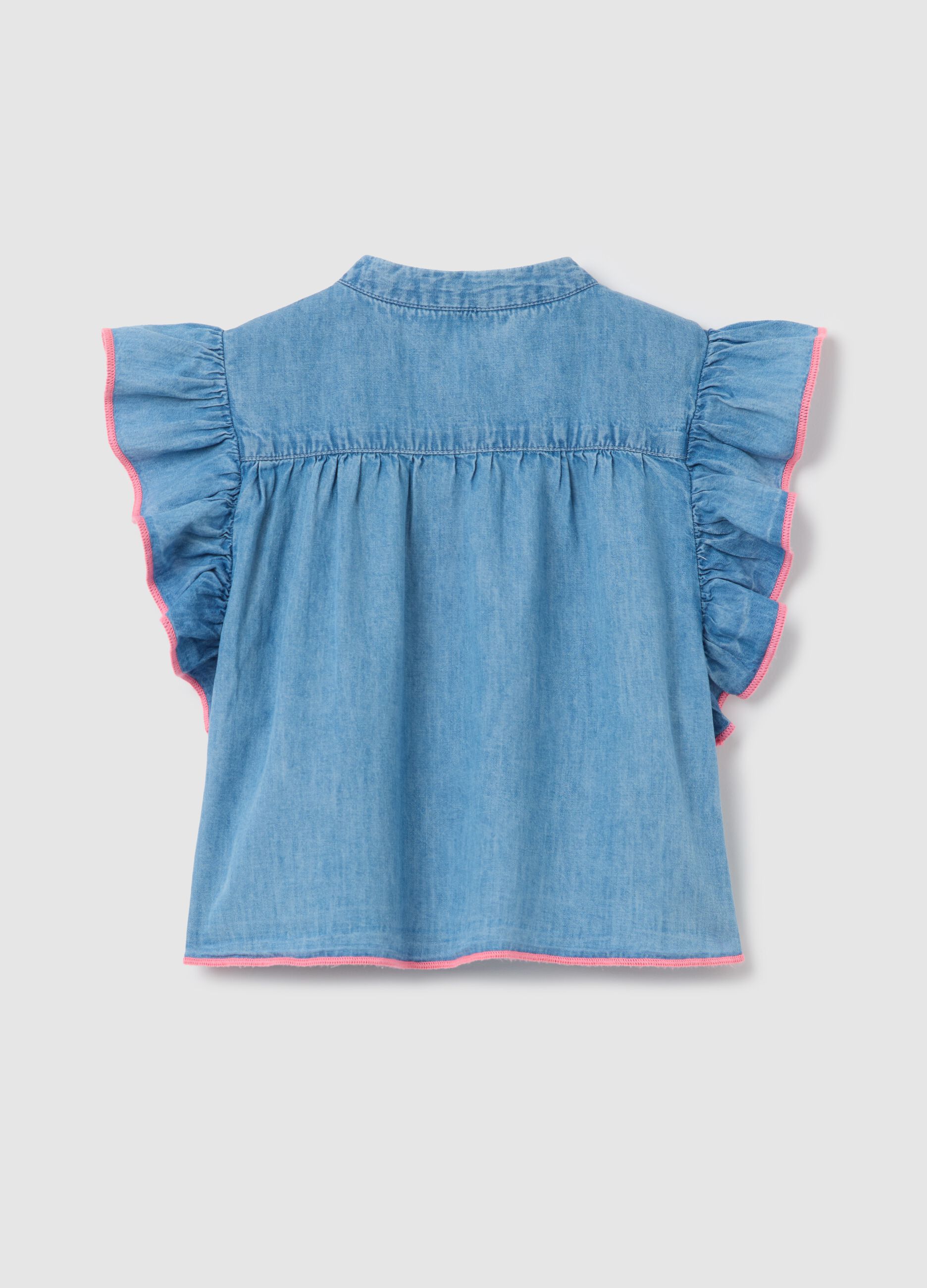 Denim shirt with flounced sleeves