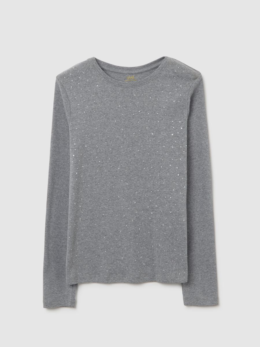 Grey long-sleeve regular fit pure cotton top with rhinestones_4