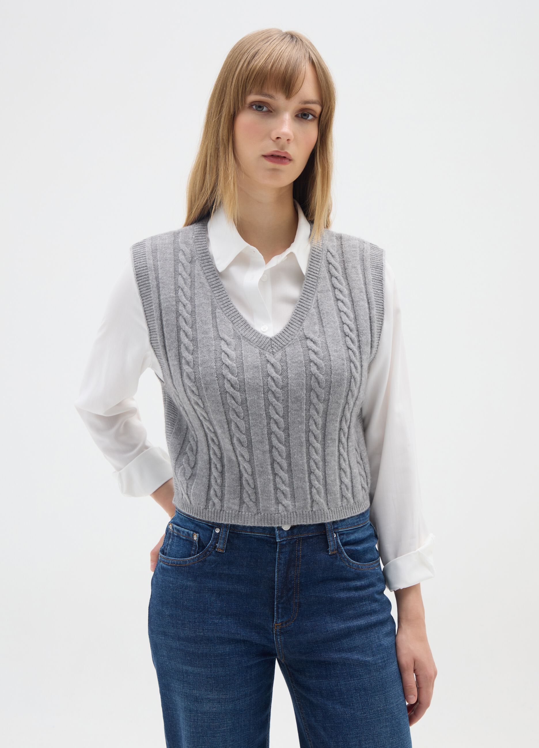 Grey regular fit cable knit vest