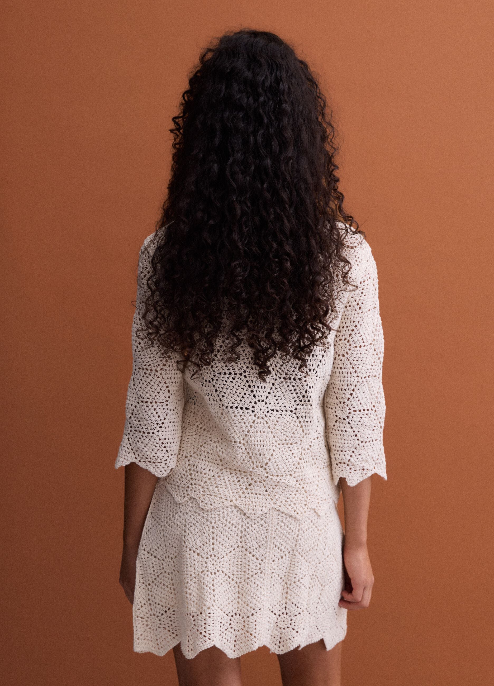 Beige pure cotton crochet T-shirt, regular fit