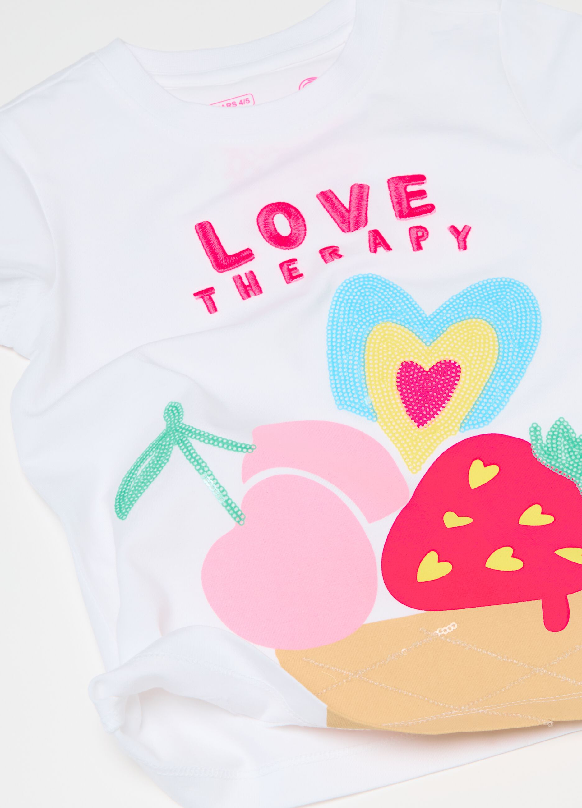 T-shirt in cotone stampa frutta e paillettes